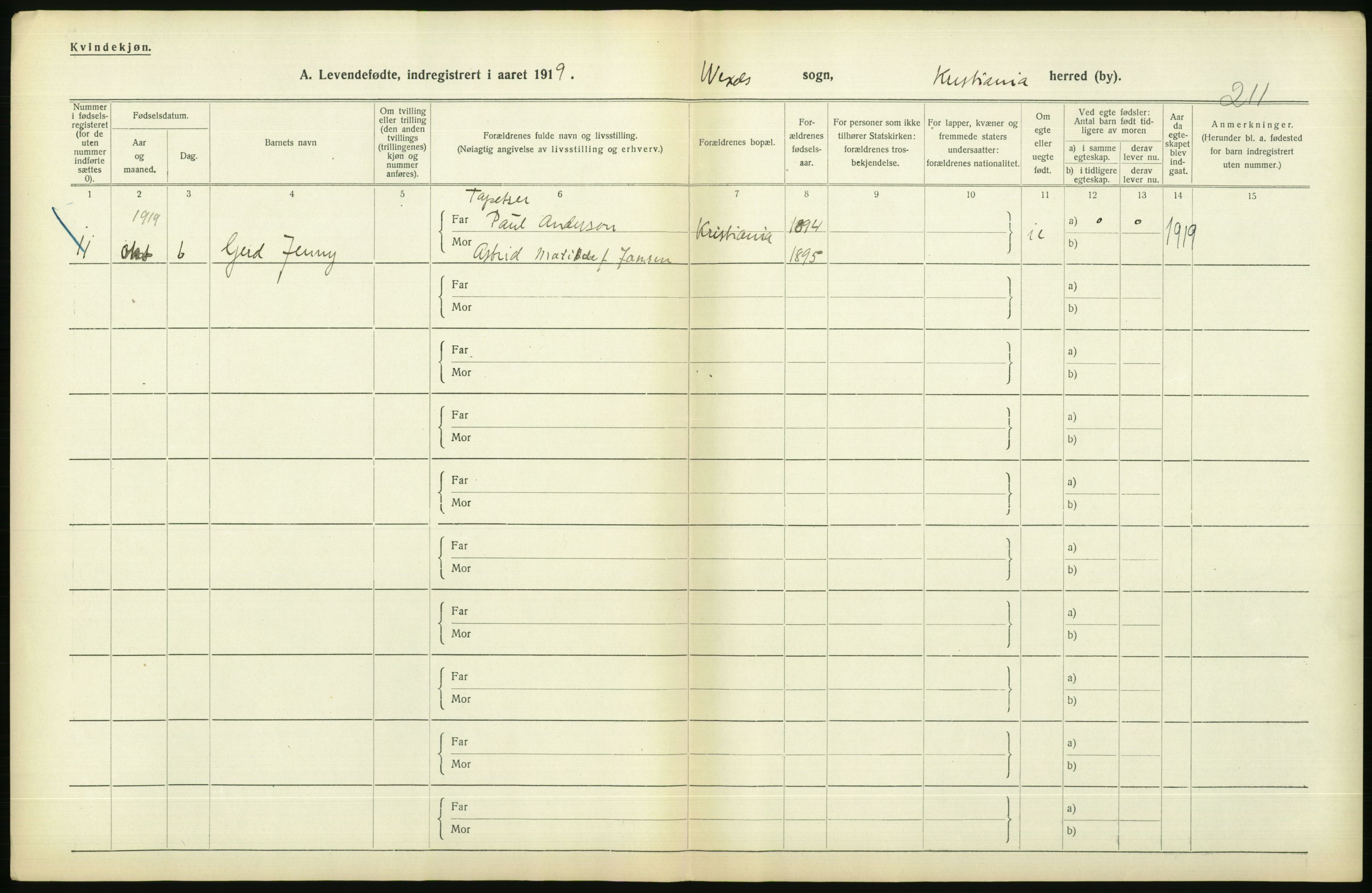 Statistisk sentralbyrå, Sosiodemografiske emner, Befolkning, AV/RA-S-2228/D/Df/Dfb/Dfbi/L0008: Kristiania: Levendefødte menn og kvinner., 1919