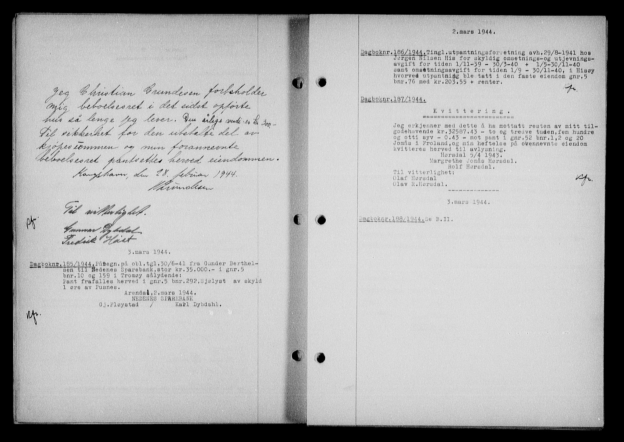 Nedenes sorenskriveri, SAK/1221-0006/G/Gb/Gba/L0051: Mortgage book no. A-V, 1943-1944, Diary no: : 185/1944