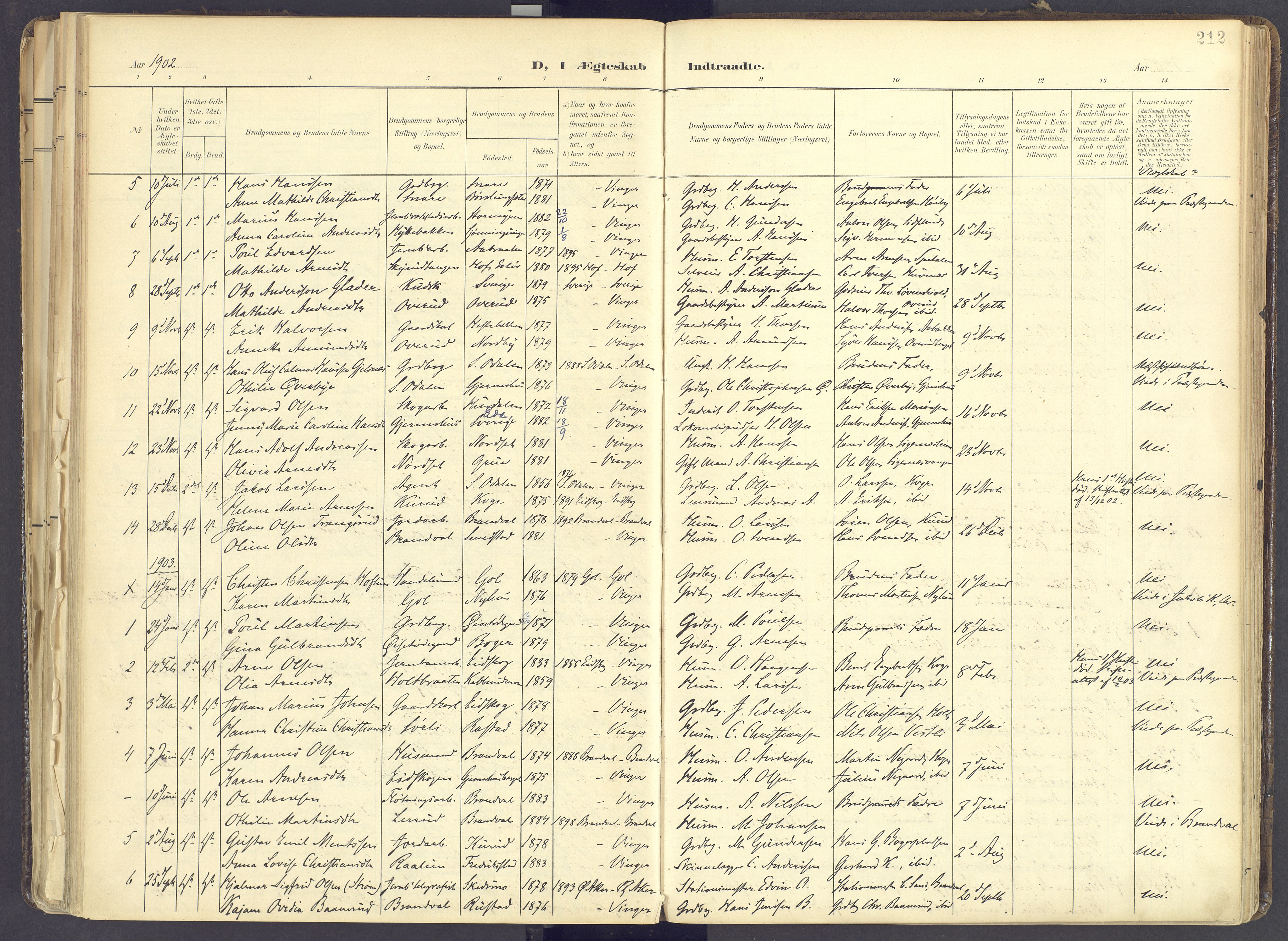 Vinger prestekontor, AV/SAH-PREST-024/H/Ha/Haa/L0017: Parish register (official) no. 17, 1901-1927, p. 212