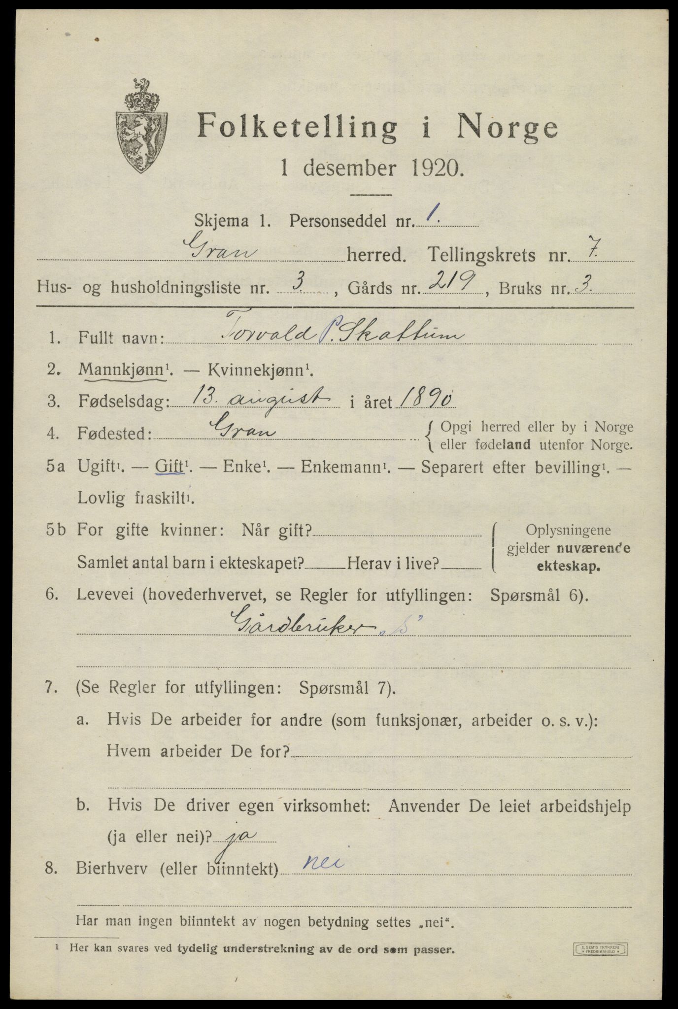 SAH, 1920 census for Gran, 1920, p. 9475