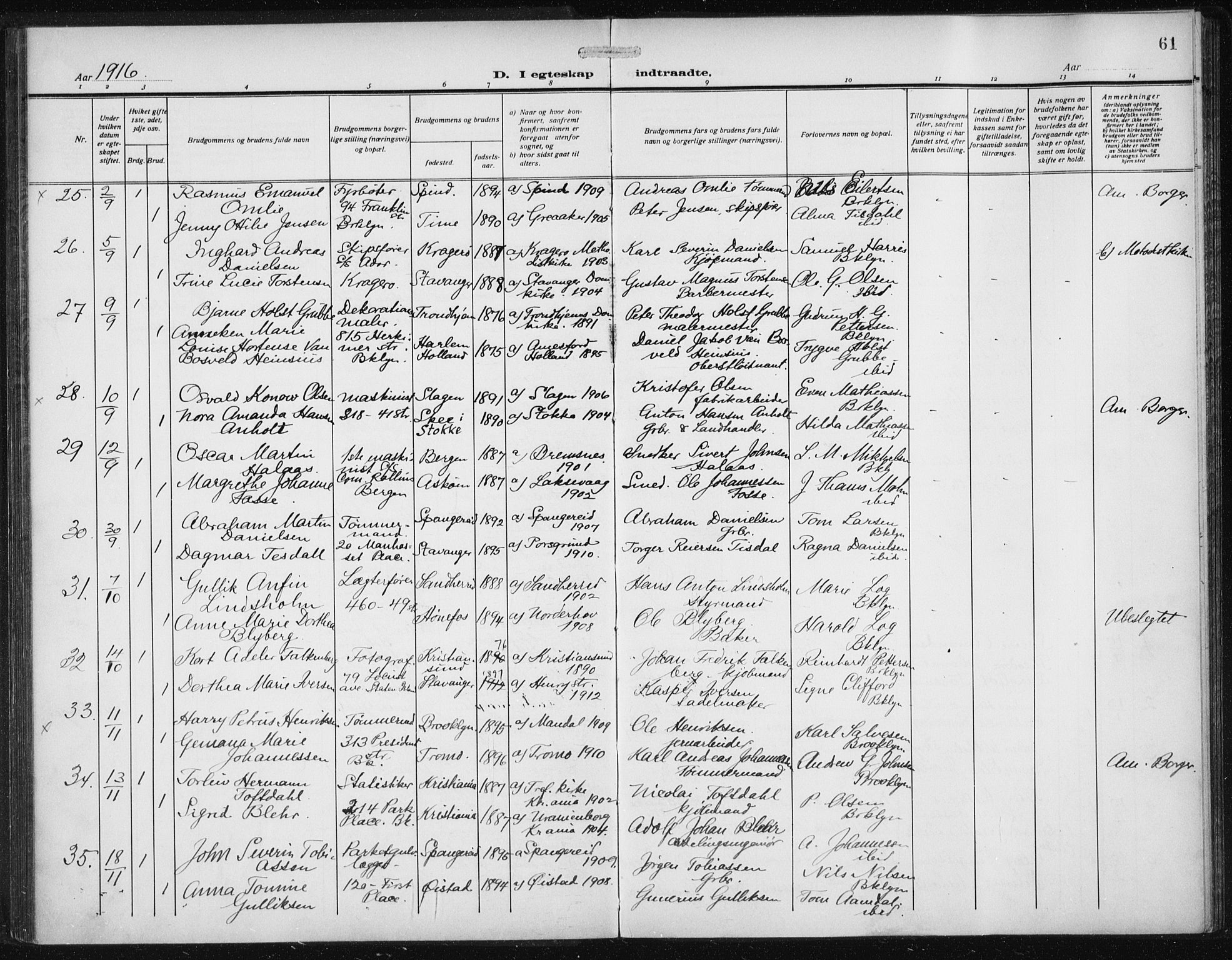 Den norske sjømannsmisjon i utlandet/New York, AV/SAB-SAB/PA-0110/H/Ha/L0007: Parish register (official) no. A 7, 1915-1923, p. 61