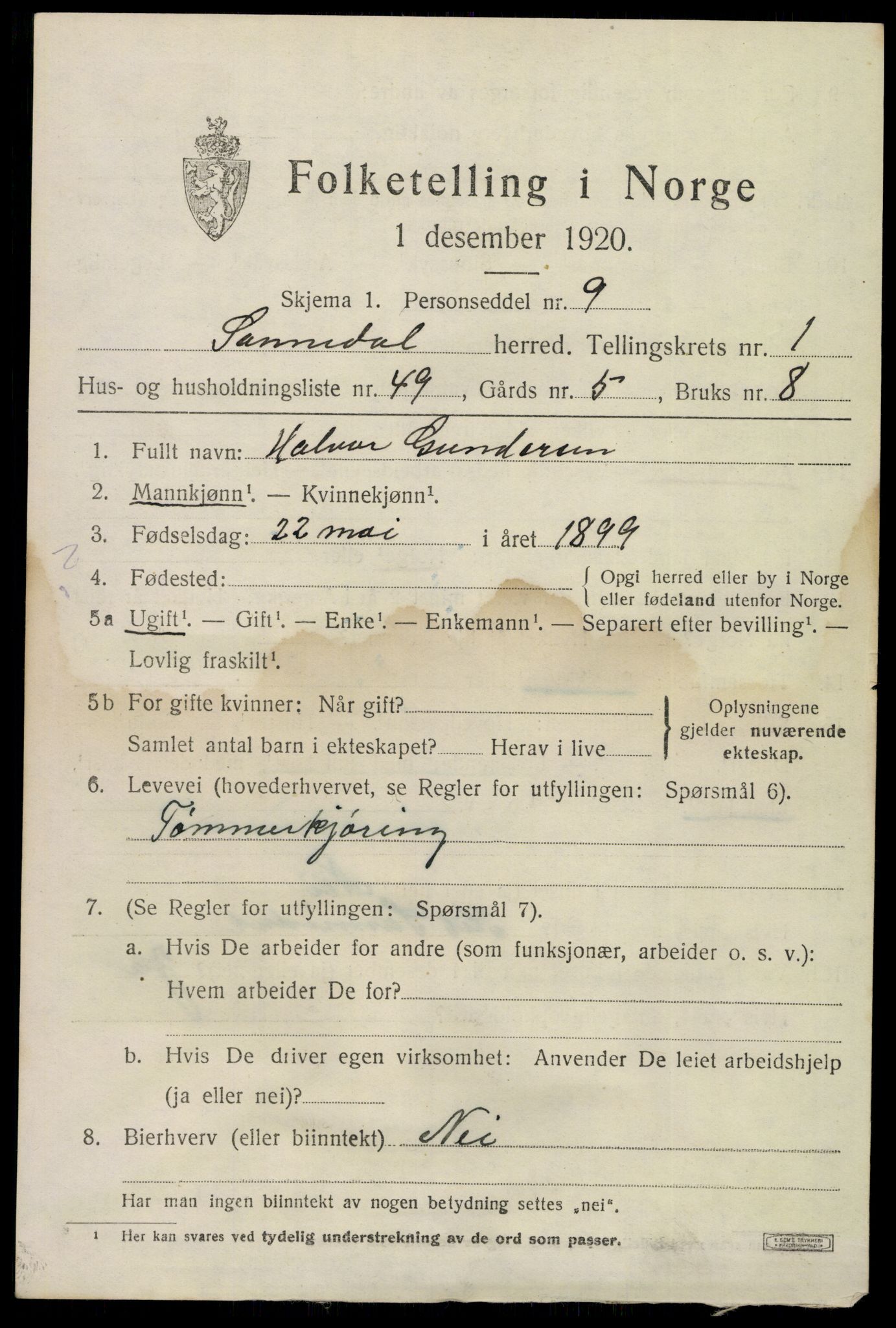 SAKO, 1920 census for Sannidal, 1920, p. 1631