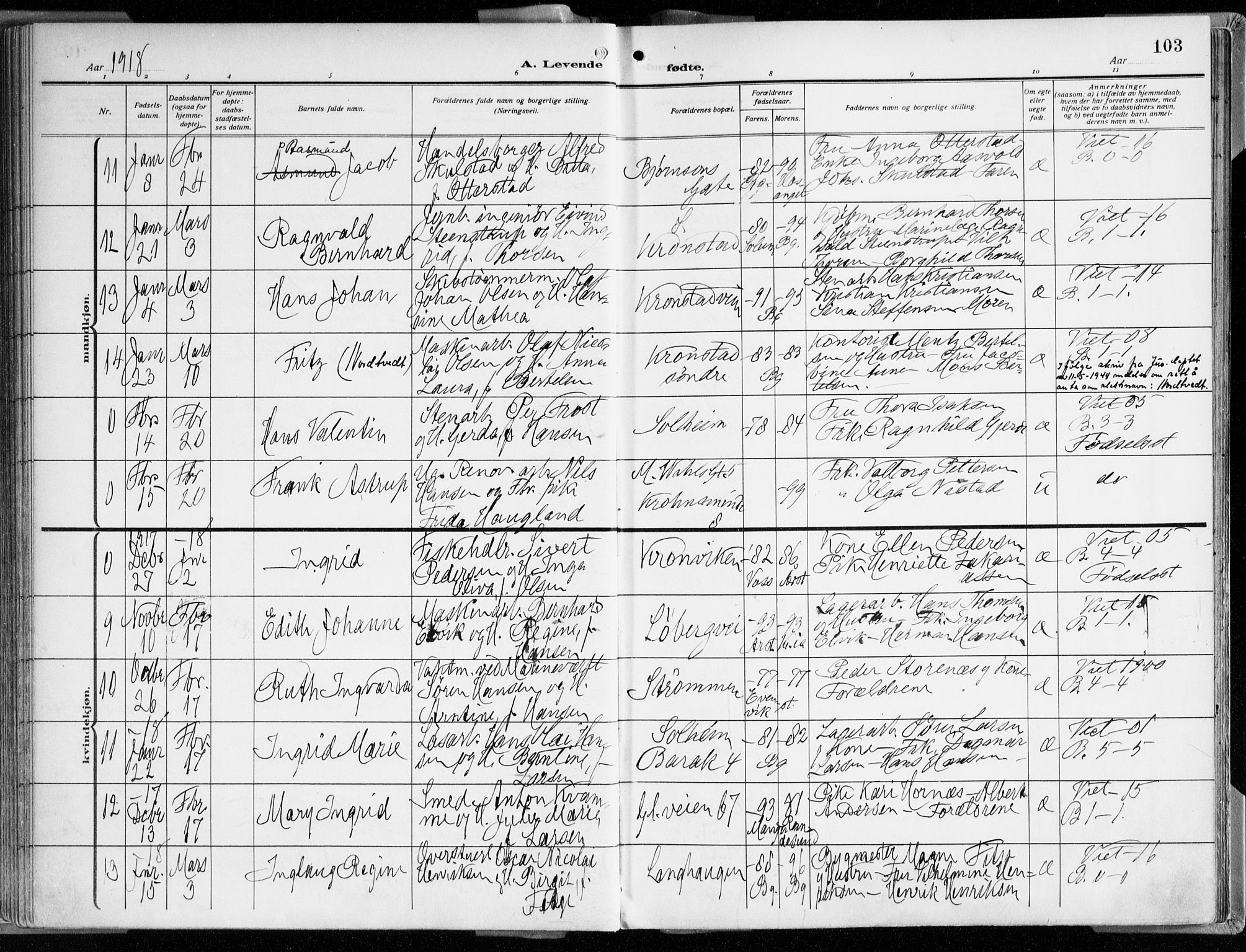 Årstad Sokneprestembete, AV/SAB-A-79301/H/Haa/L0003: Parish register (official) no. A 3, 1914-1919, p. 103