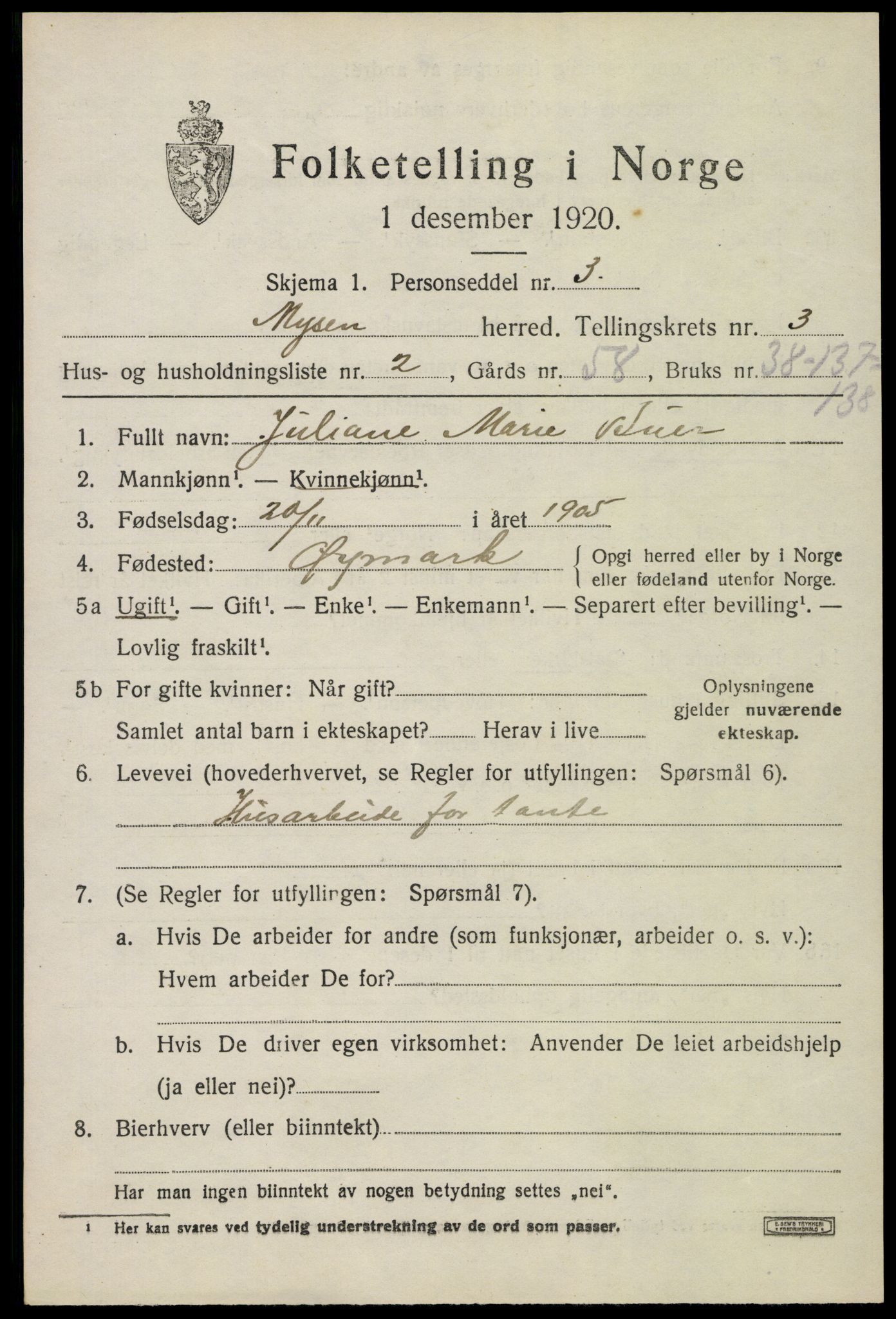 SAO, 1920 census for Mysen, 1920, p. 1879