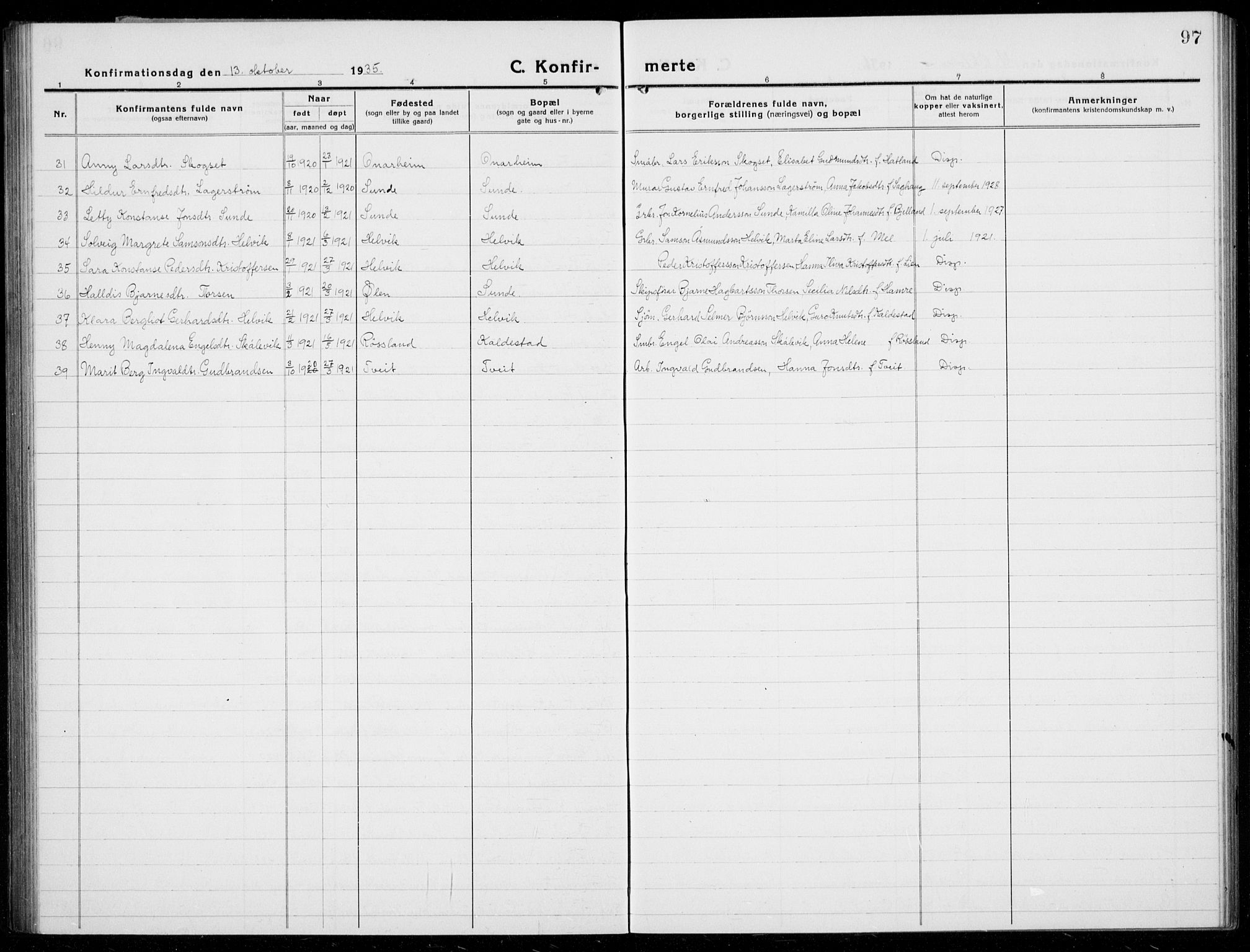 Husnes Sokneprestembete, SAB/A-75901/H/Hab: Parish register (copy) no. A  3, 1915-1936, p. 97