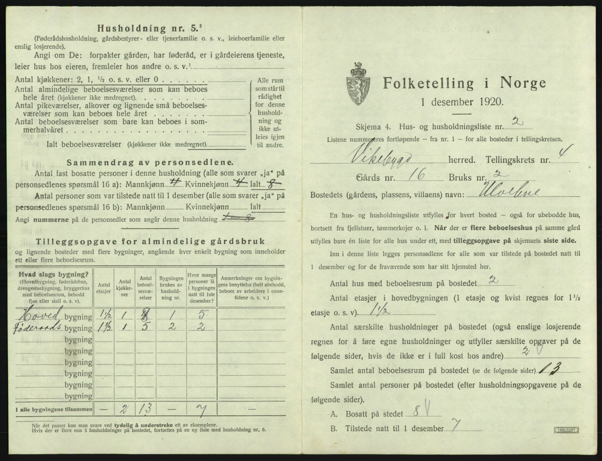 SAB, 1920 census for Vikebygd, 1920, p. 255