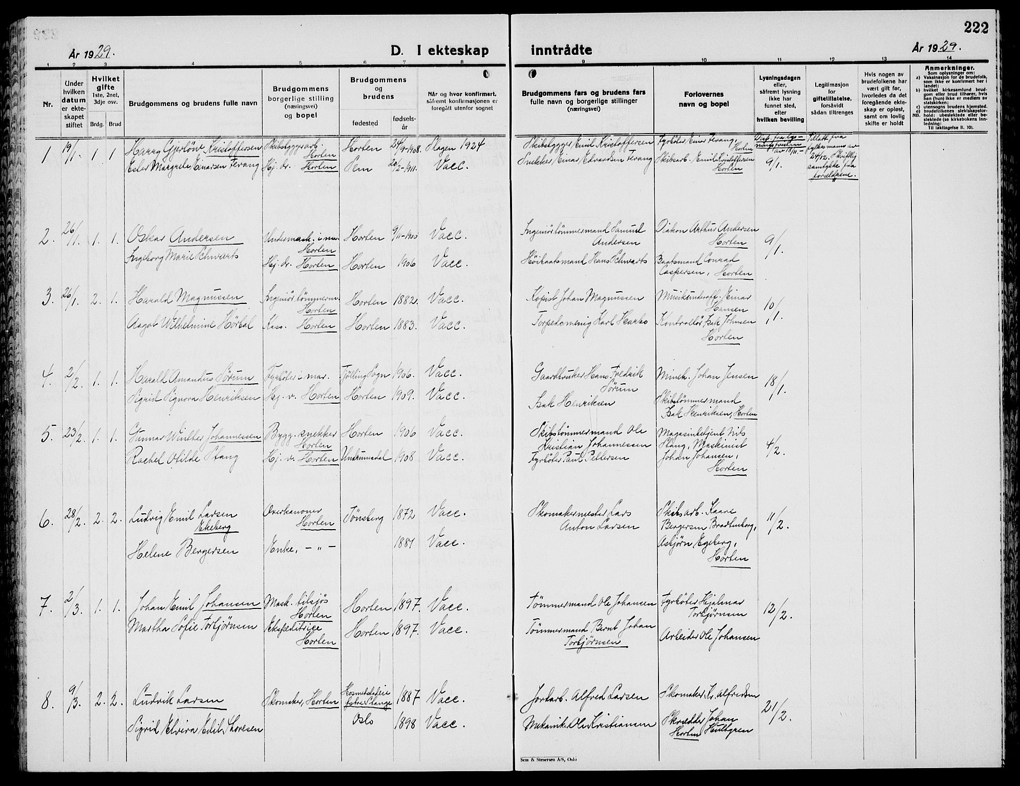 Horten kirkebøker, AV/SAKO-A-348/G/Ga/L0009: Parish register (copy) no. 9, 1926-1936, p. 222