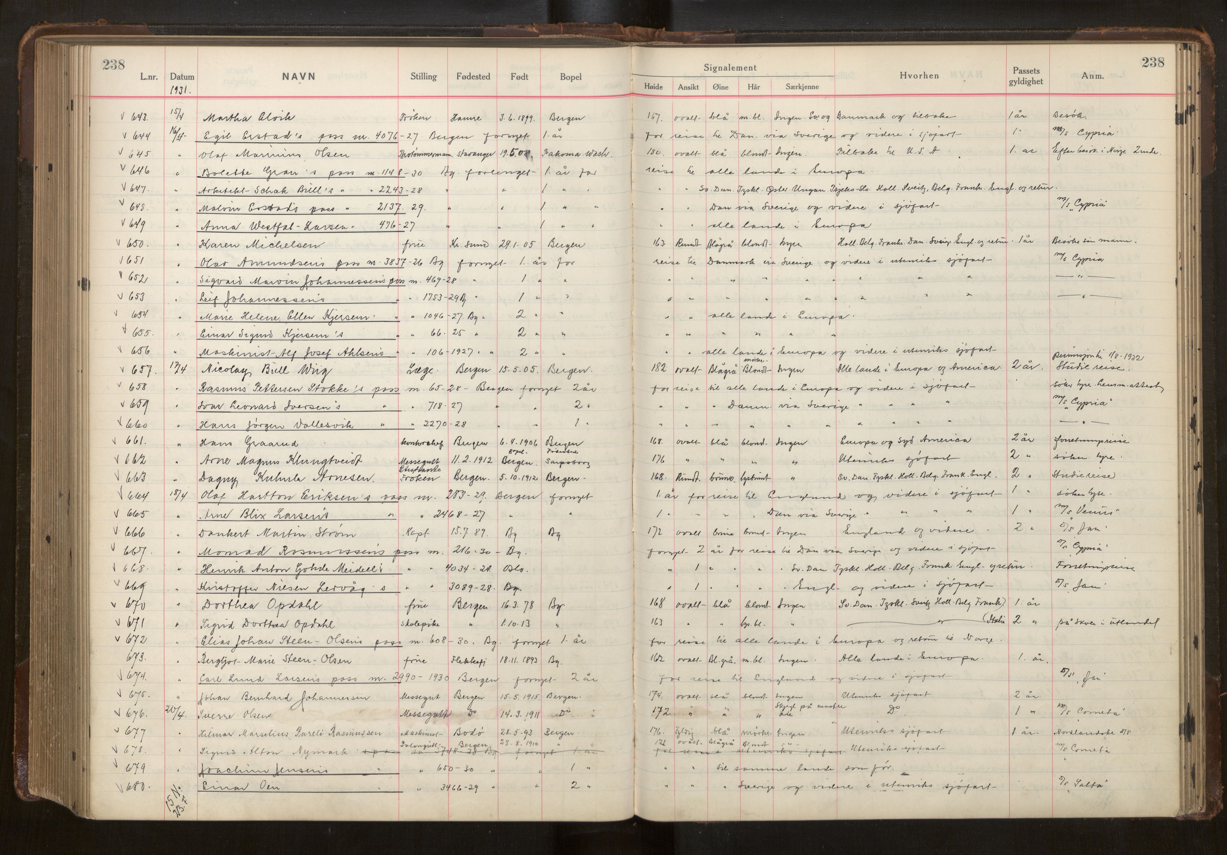 Bergen politikammer / politidistrikt, AV/SAB-A-60401/L/La/Lab/L0012: Passprotokoll, 1928-1931