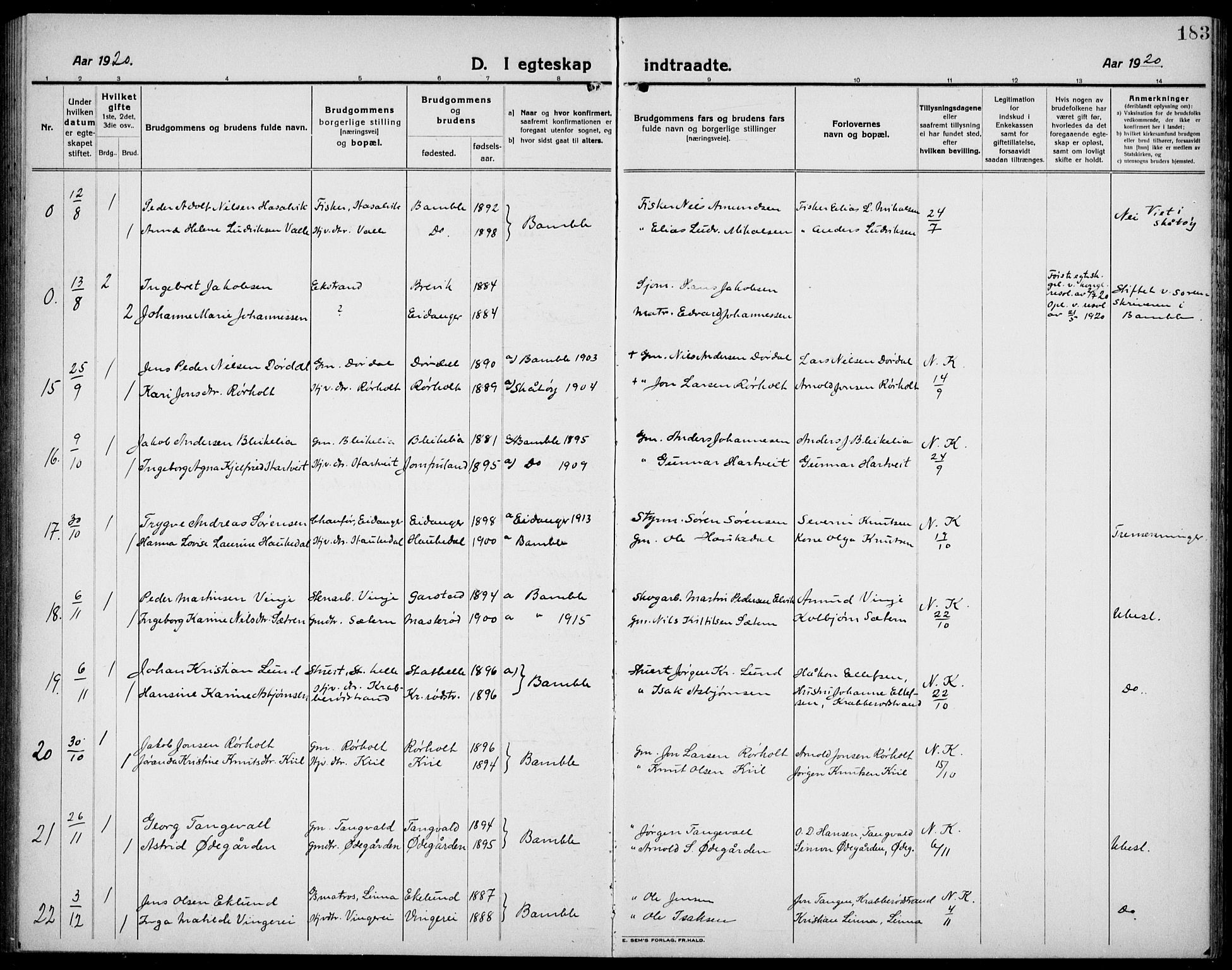 Bamble kirkebøker, AV/SAKO-A-253/G/Ga/L0011: Parish register (copy) no. I 11, 1920-1935, p. 183