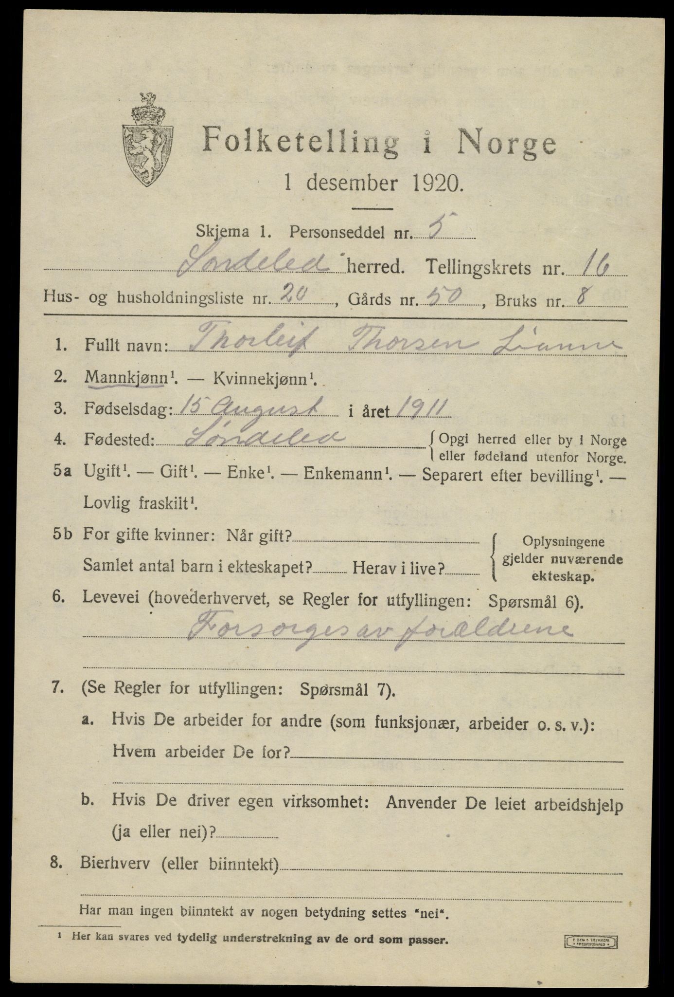 SAK, 1920 census for Søndeled, 1920, p. 7309