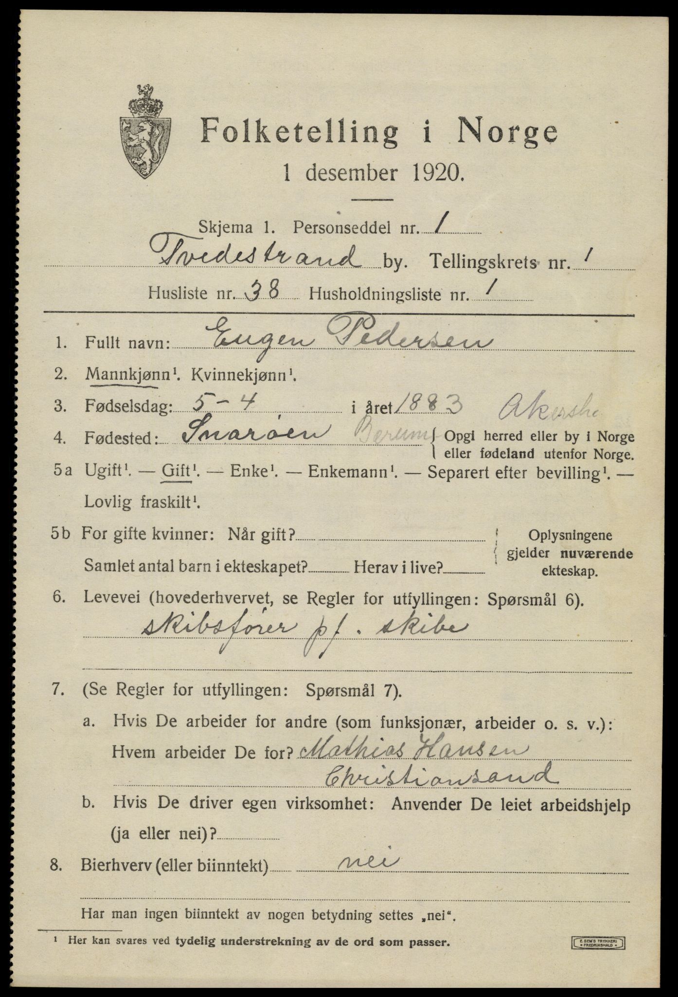 SAK, 1920 census for Tvedestrand, 1920, p. 1705