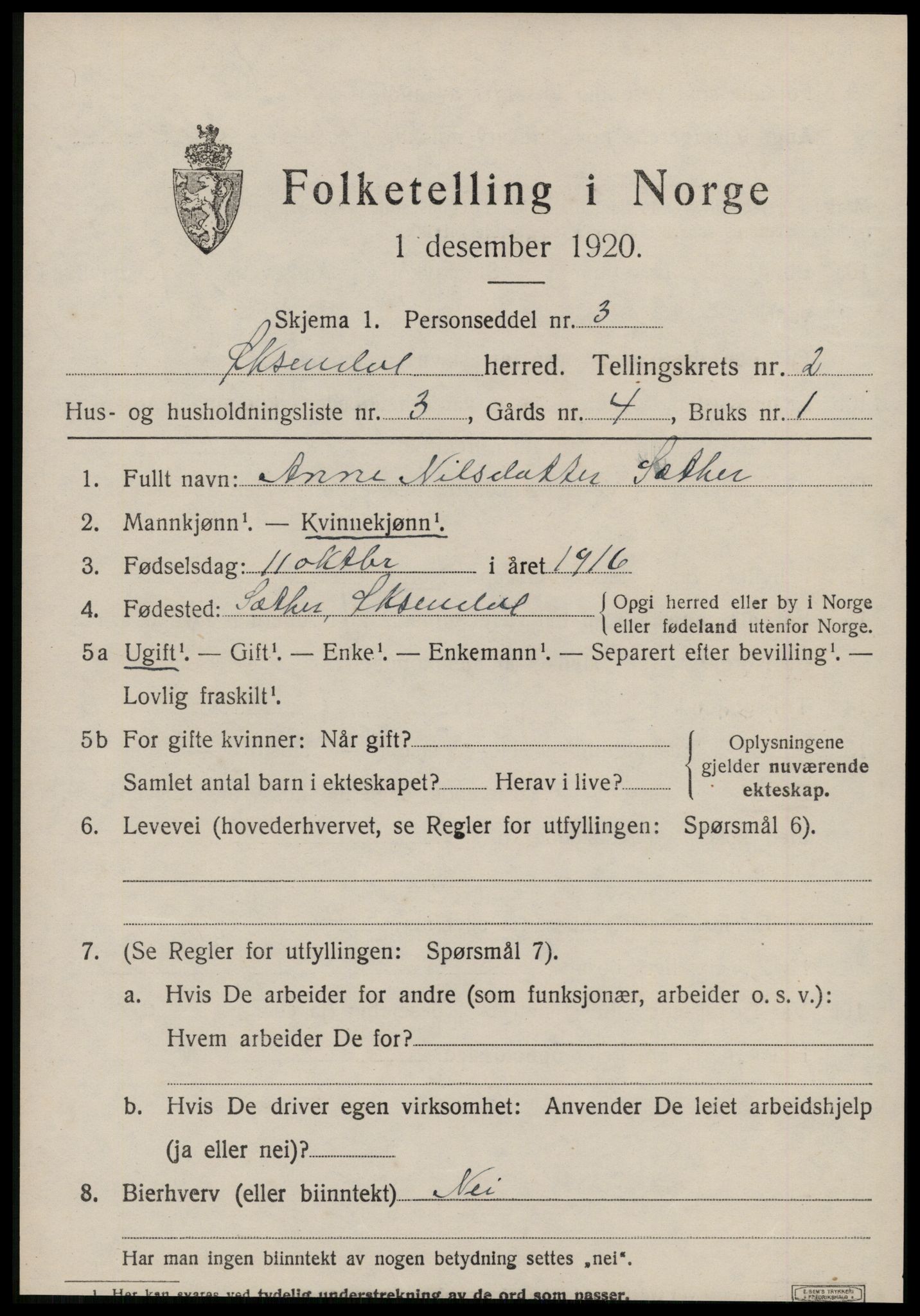 SAT, 1920 census for Øksendal, 1920, p. 701