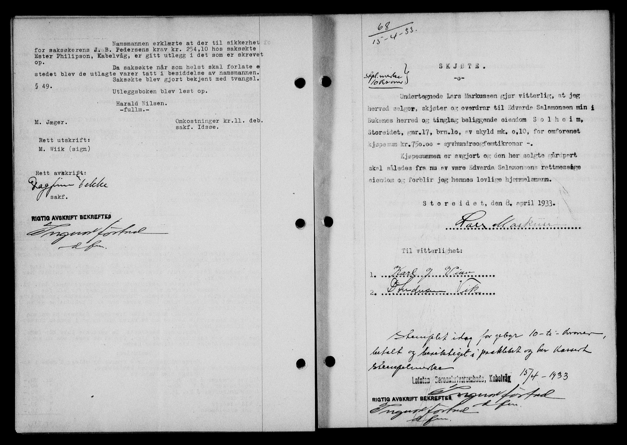 Lofoten sorenskriveri, SAT/A-0017/1/2/2C/L0027b: Mortgage book no. 27b, 1933-1933, Deed date: 15.04.1933