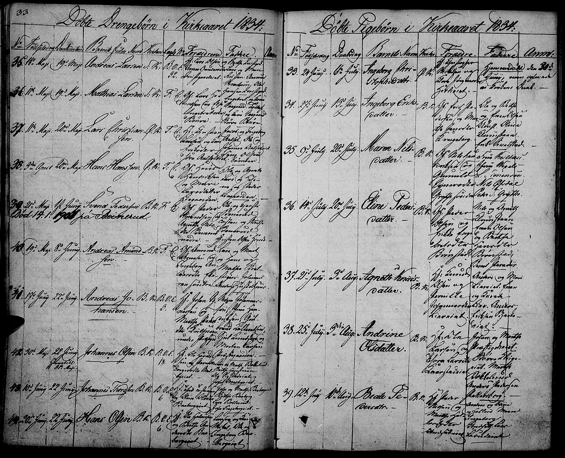 Biri prestekontor, AV/SAH-PREST-096/H/Ha/Haa/L0004: Parish register (official) no. 4, 1829-1842, p. 33