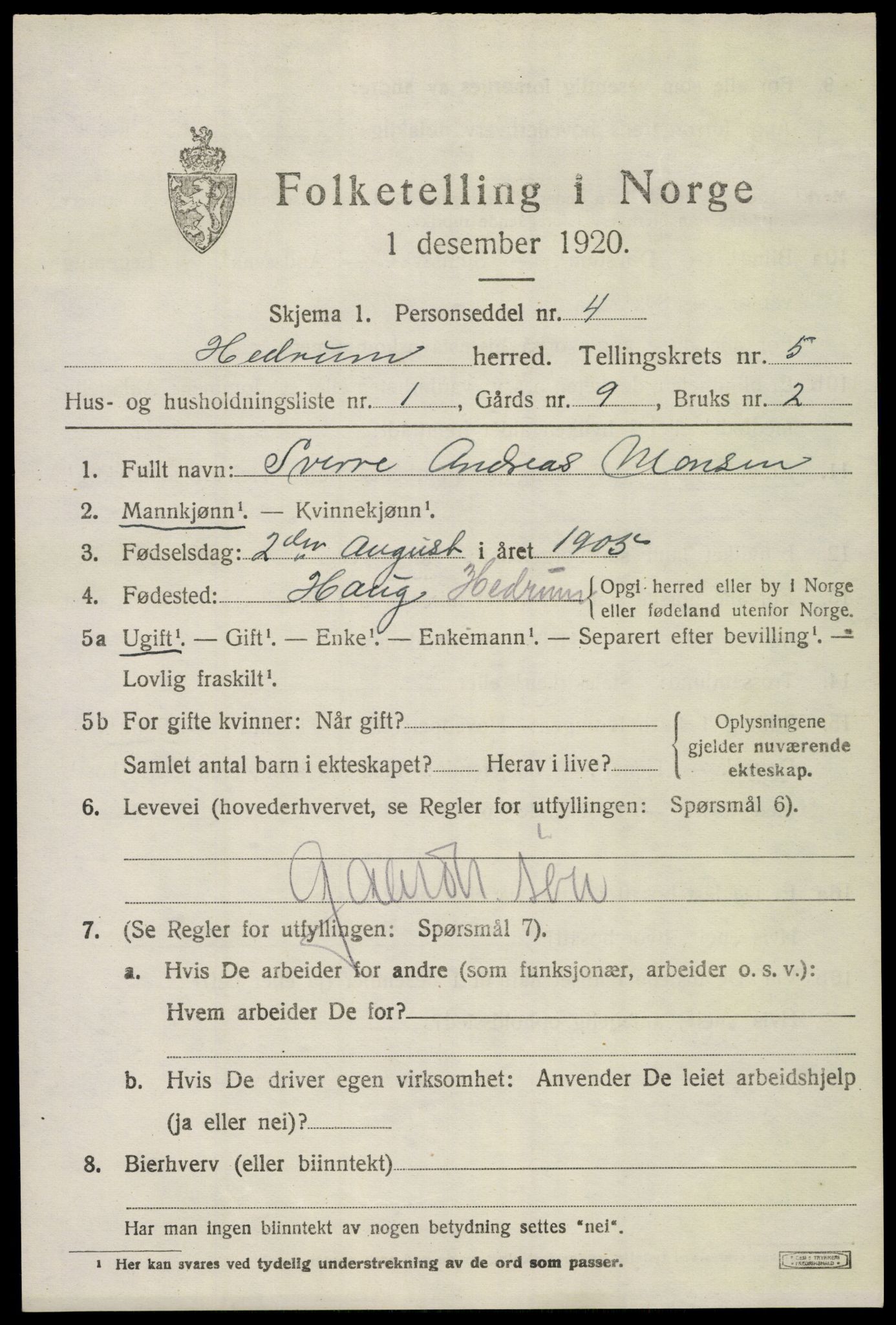 SAKO, 1920 census for Hedrum, 1920, p. 4775