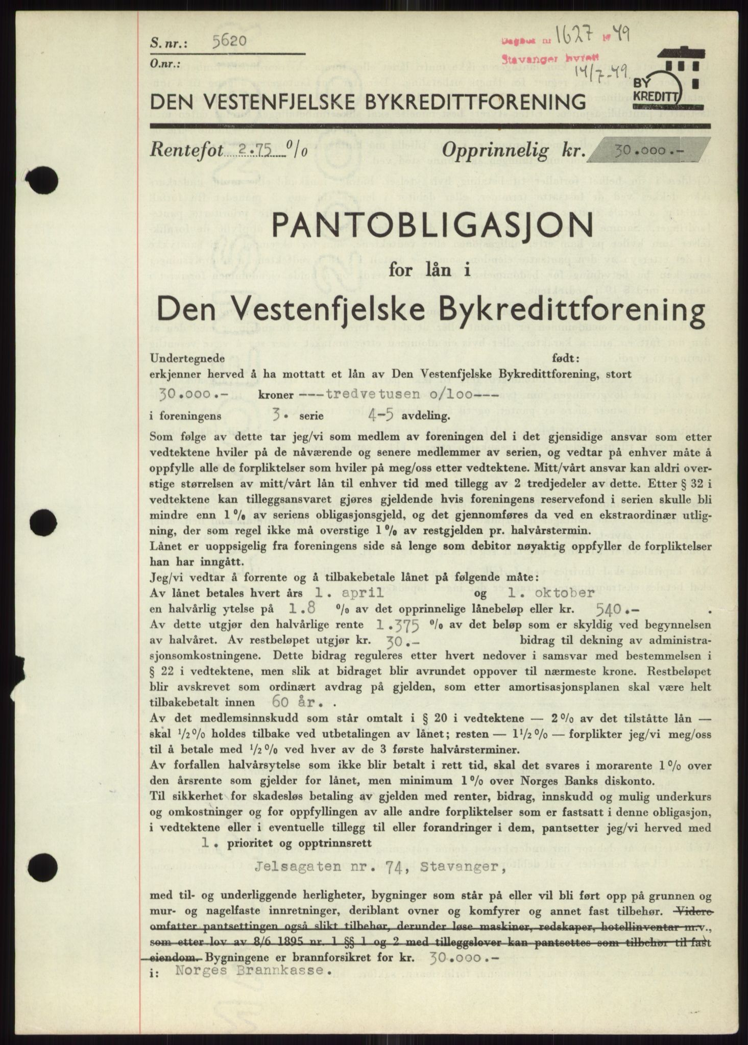 Stavanger byrett, SAST/A-100455/002/G/Gb/L0032: Mortgage book, 1947-1950, Diary no: : 1627/1949