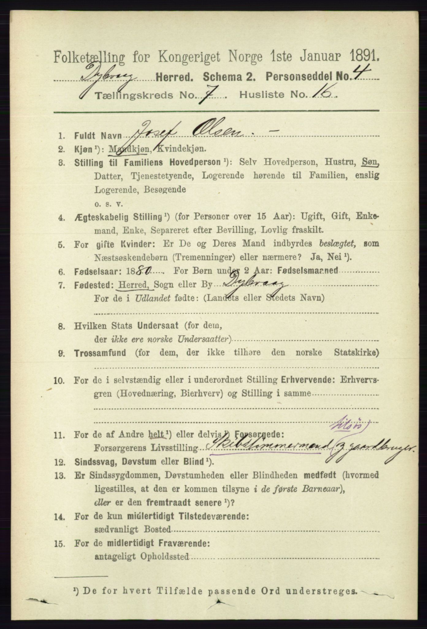 RA, 1891 census for 0915 Dypvåg, 1891, p. 2487