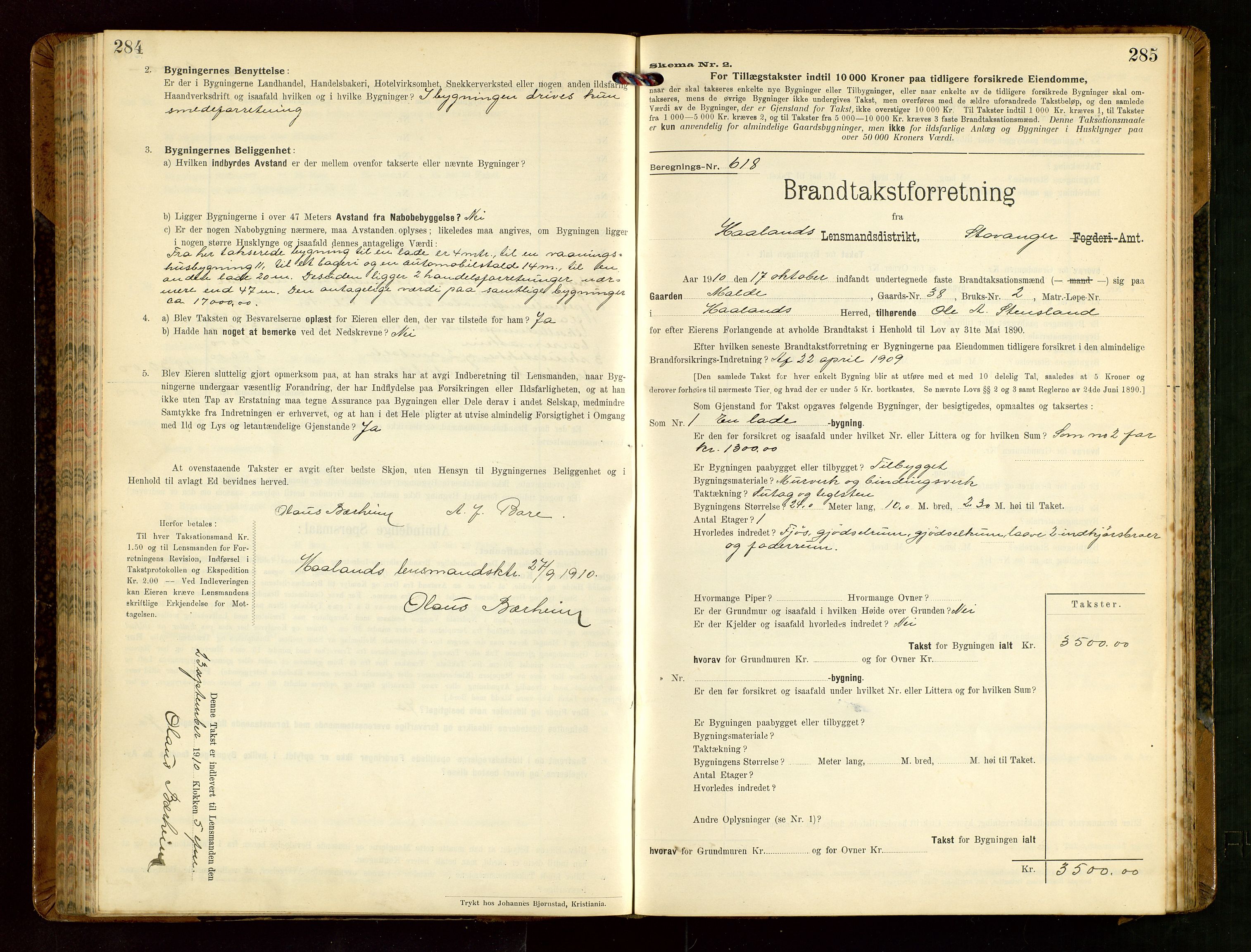 Håland lensmannskontor, AV/SAST-A-100100/Gob/L0004: Branntakstprotokoll - skjematakst. Register i boken., 1913-1915, p. 284-285