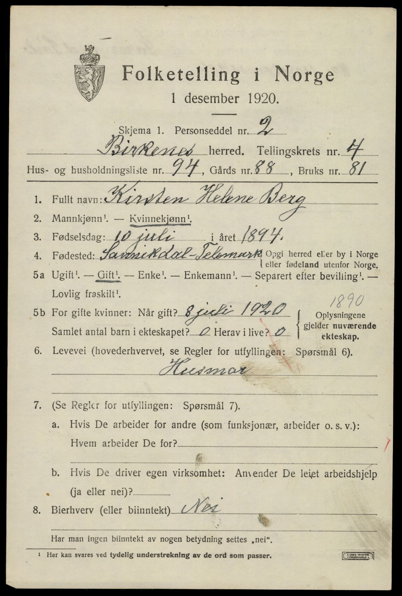 SAK, 1920 census for Birkenes, 1920, p. 3013