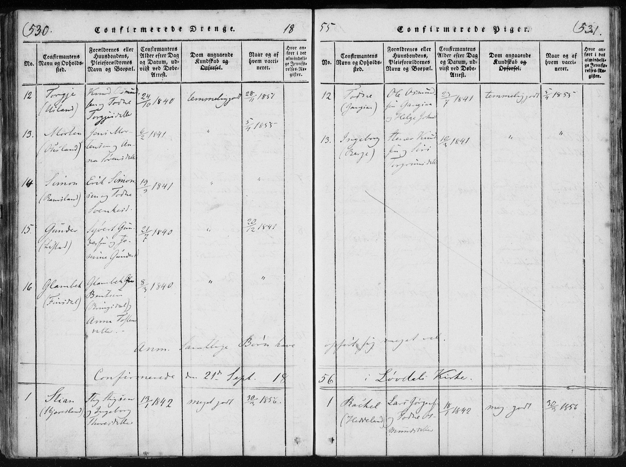 Holum sokneprestkontor, AV/SAK-1111-0022/F/Fa/Fac/L0002: Parish register (official) no. A 2, 1821-1859, p. 530-531