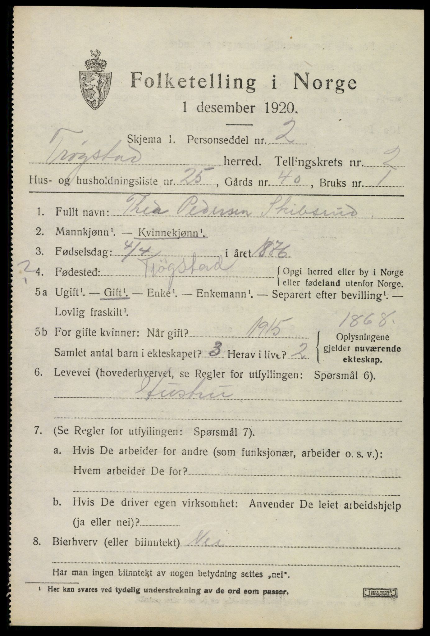 SAO, 1920 census for Trøgstad, 1920, p. 2370