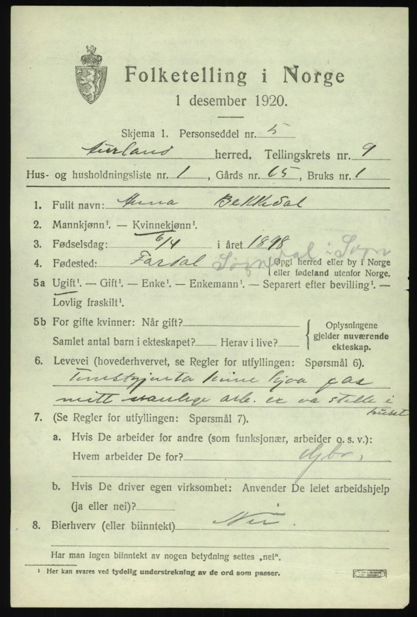 SAB, 1920 census for Aurland, 1920, p. 4752