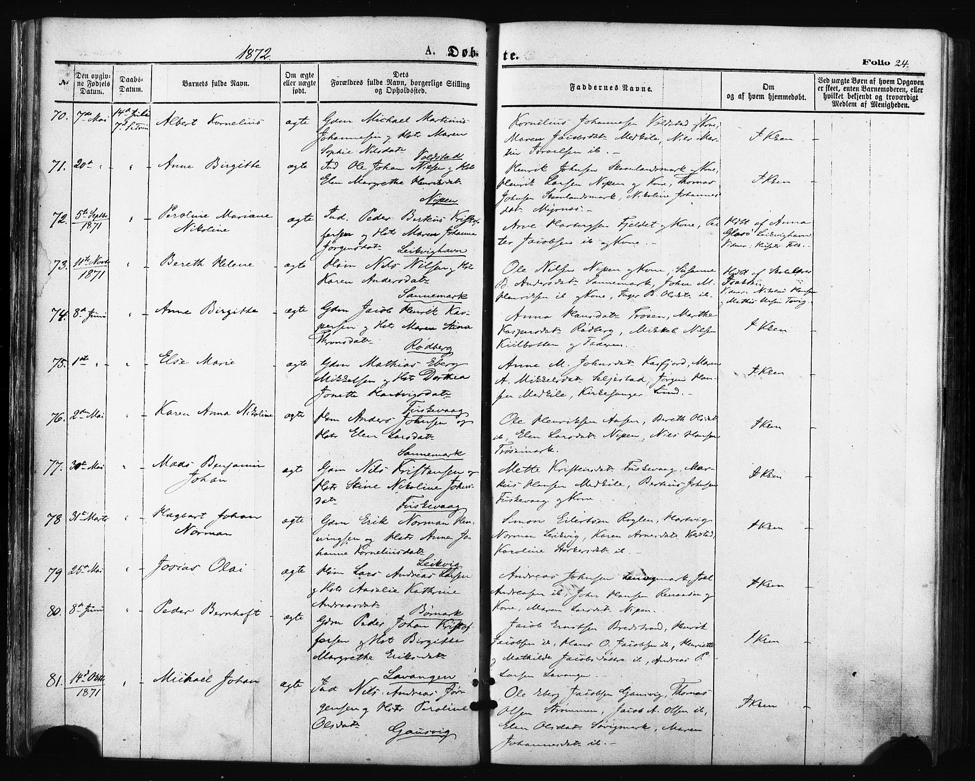 Trondenes sokneprestkontor, AV/SATØ-S-1319/H/Ha/L0013kirke: Parish register (official) no. 13, 1870-1878, p. 24