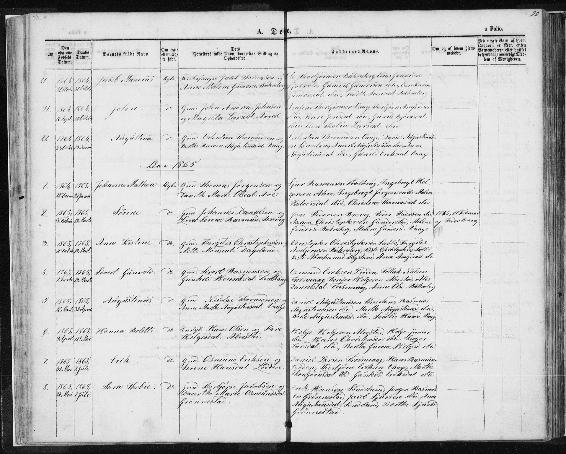 Tysvær sokneprestkontor, AV/SAST-A -101864/H/Ha/Haa/L0004: Parish register (official) no. A 4, 1857-1878, p. 20