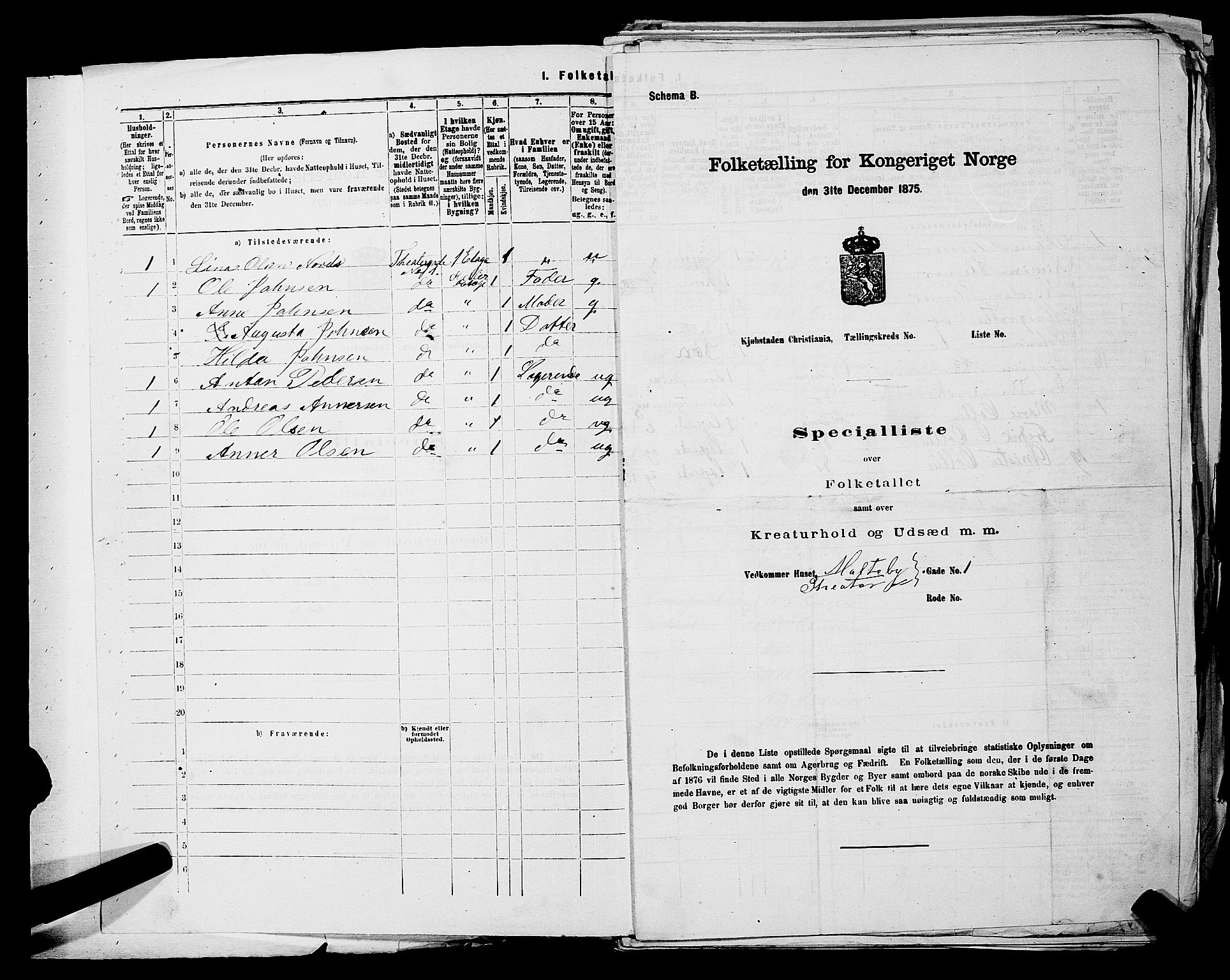 RA, 1875 census for 0301 Kristiania, 1875, p. 2969