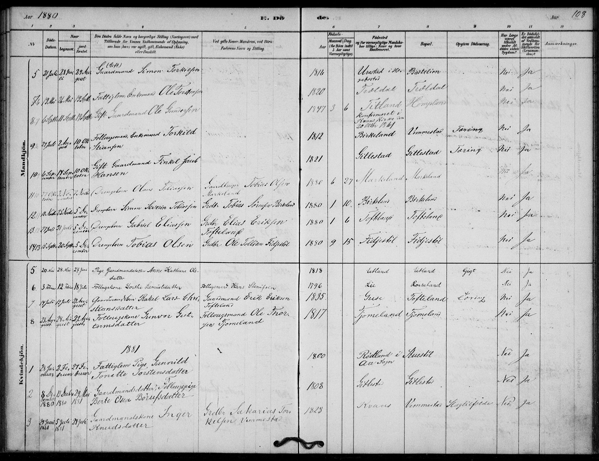 Lyngdal sokneprestkontor, SAK/1111-0029/F/Fa/Fab/L0003: Parish register (official) no. A 3, 1878-1903, p. 108