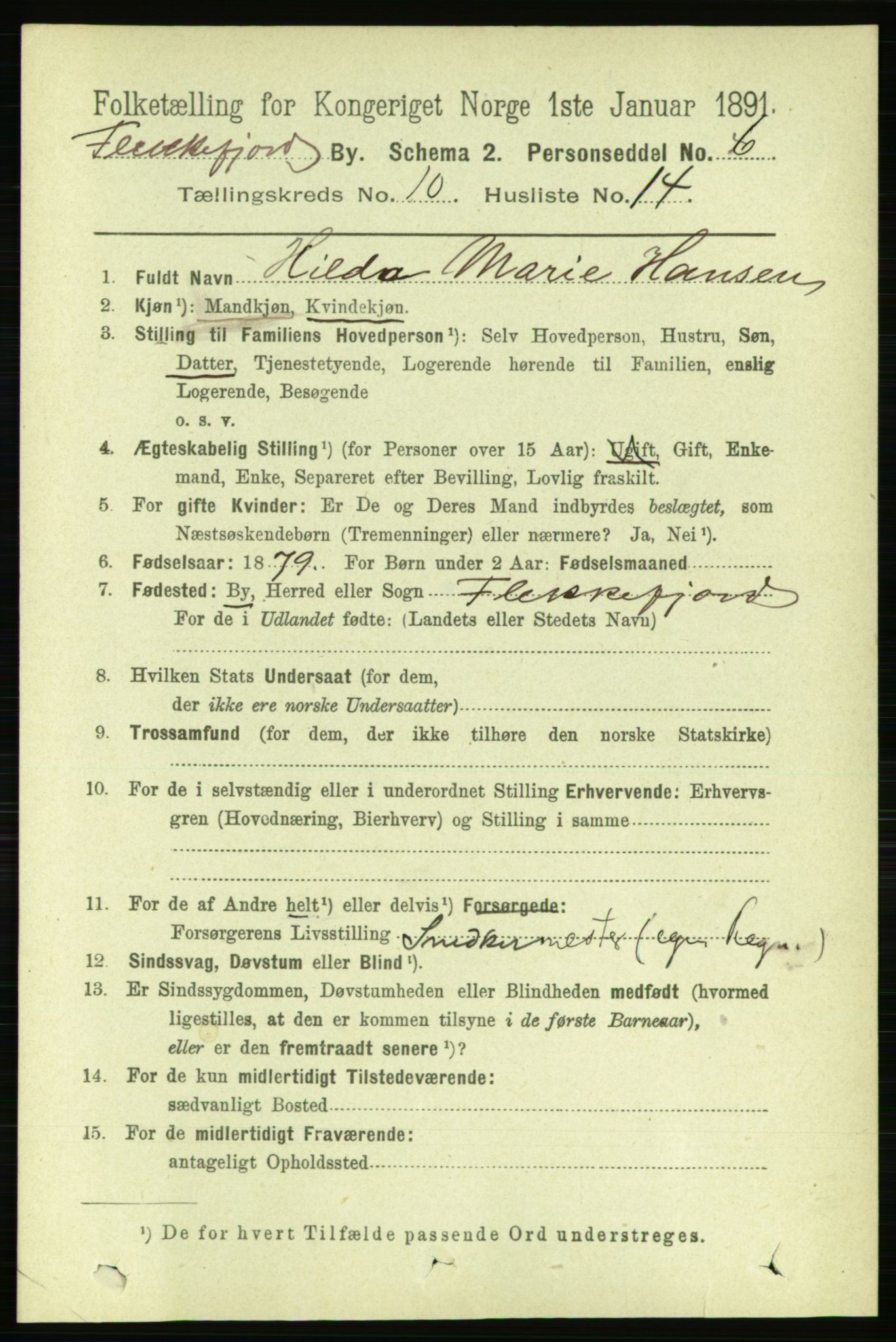 RA, 1891 census for 1004 Flekkefjord, 1891, p. 1618