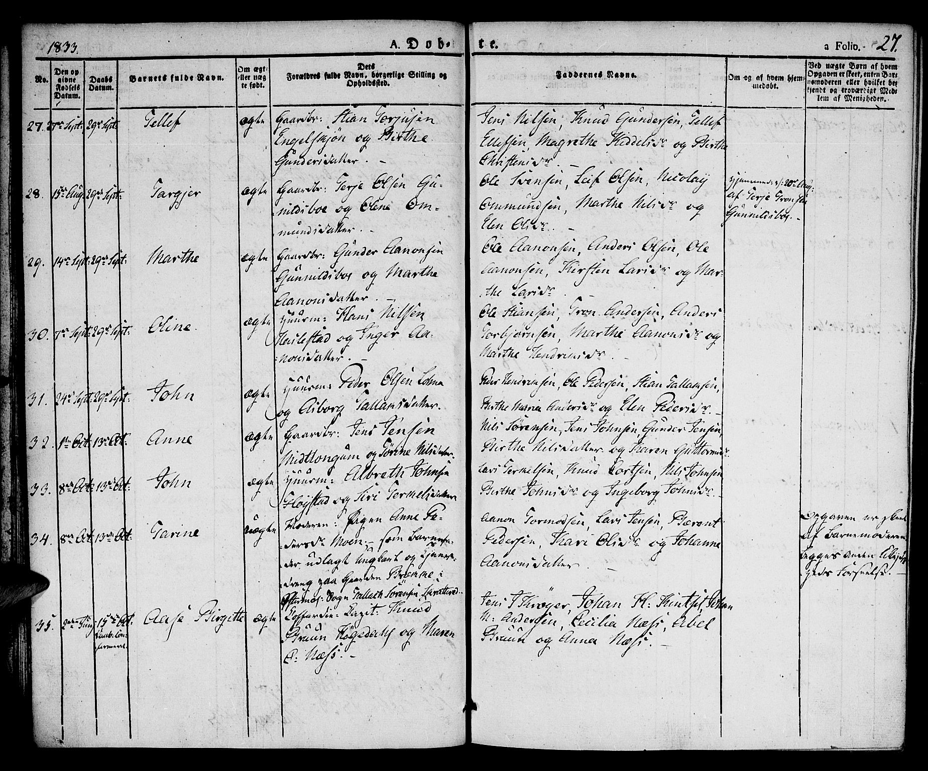 Austre Moland sokneprestkontor, AV/SAK-1111-0001/F/Fa/Faa/L0005: Parish register (official) no. A 5, 1825-1837, p. 27