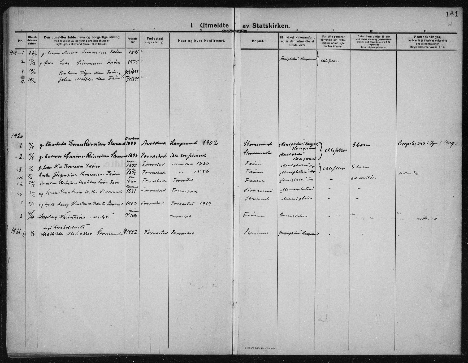 Torvastad sokneprestkontor, SAST/A -101857/H/Ha/Haa/L0019: Parish register (official) no. A 18, 1912-1920, p. 161