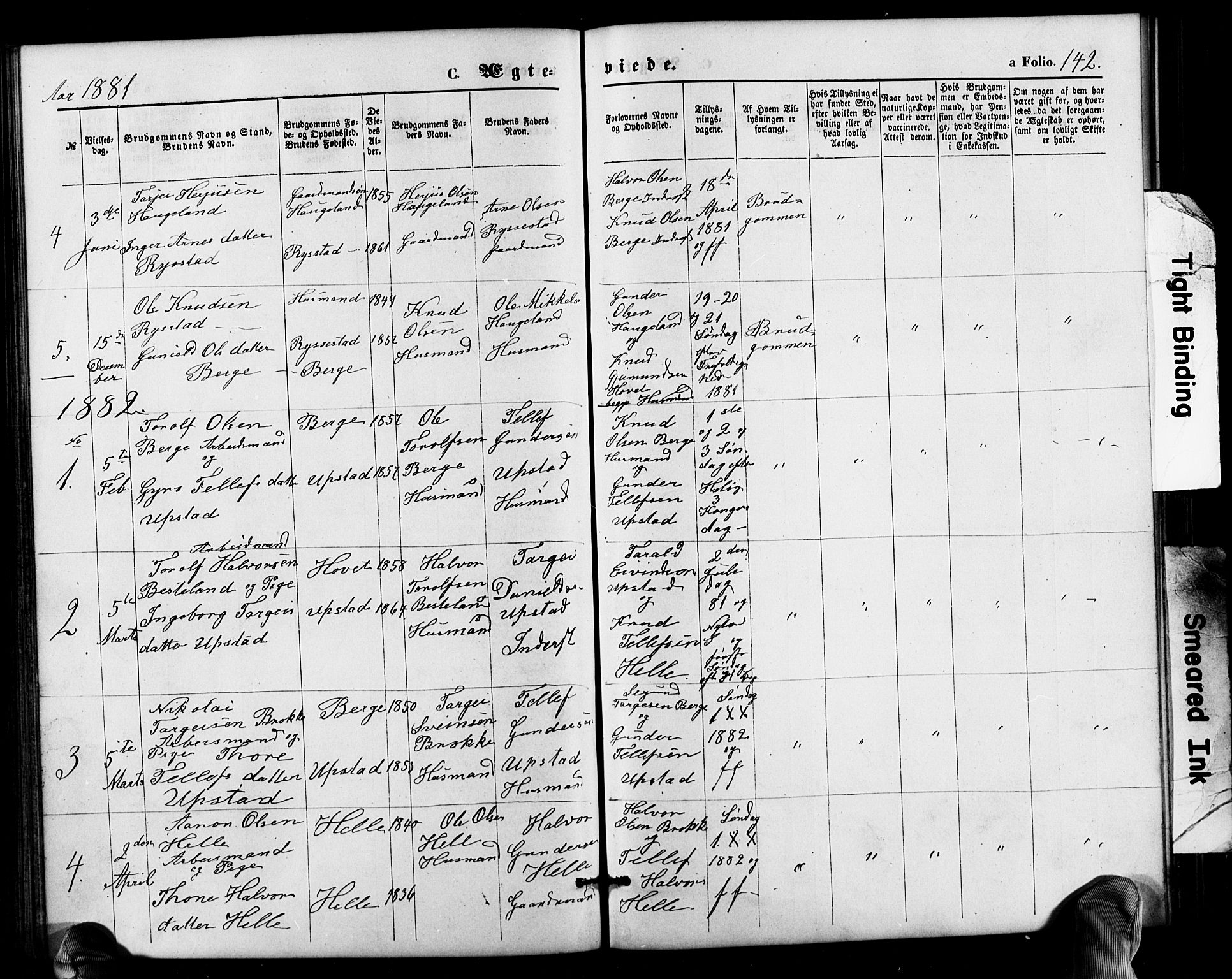 Valle sokneprestkontor, SAK/1111-0044/F/Fb/Fbb/L0002: Parish register (copy) no. B 2, 1875-1921, p. 142