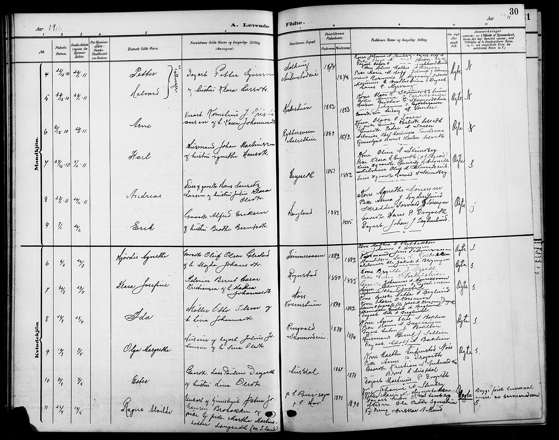 Biri prestekontor, SAH/PREST-096/H/Ha/Hab/L0005: Parish register (copy) no. 5, 1906-1919, p. 30