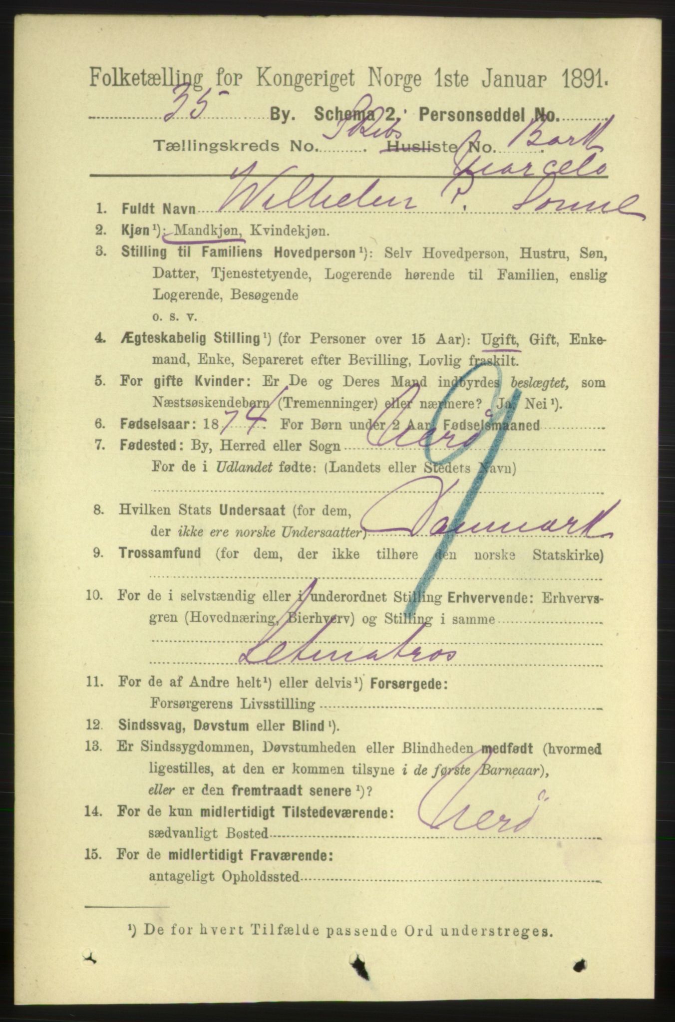 RA, 1891 census for 0905 Lillesand, 1891, p. 1625