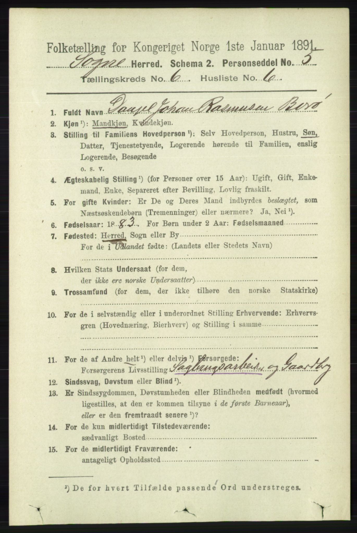 RA, 1891 census for 1018 Søgne, 1891, p. 1401