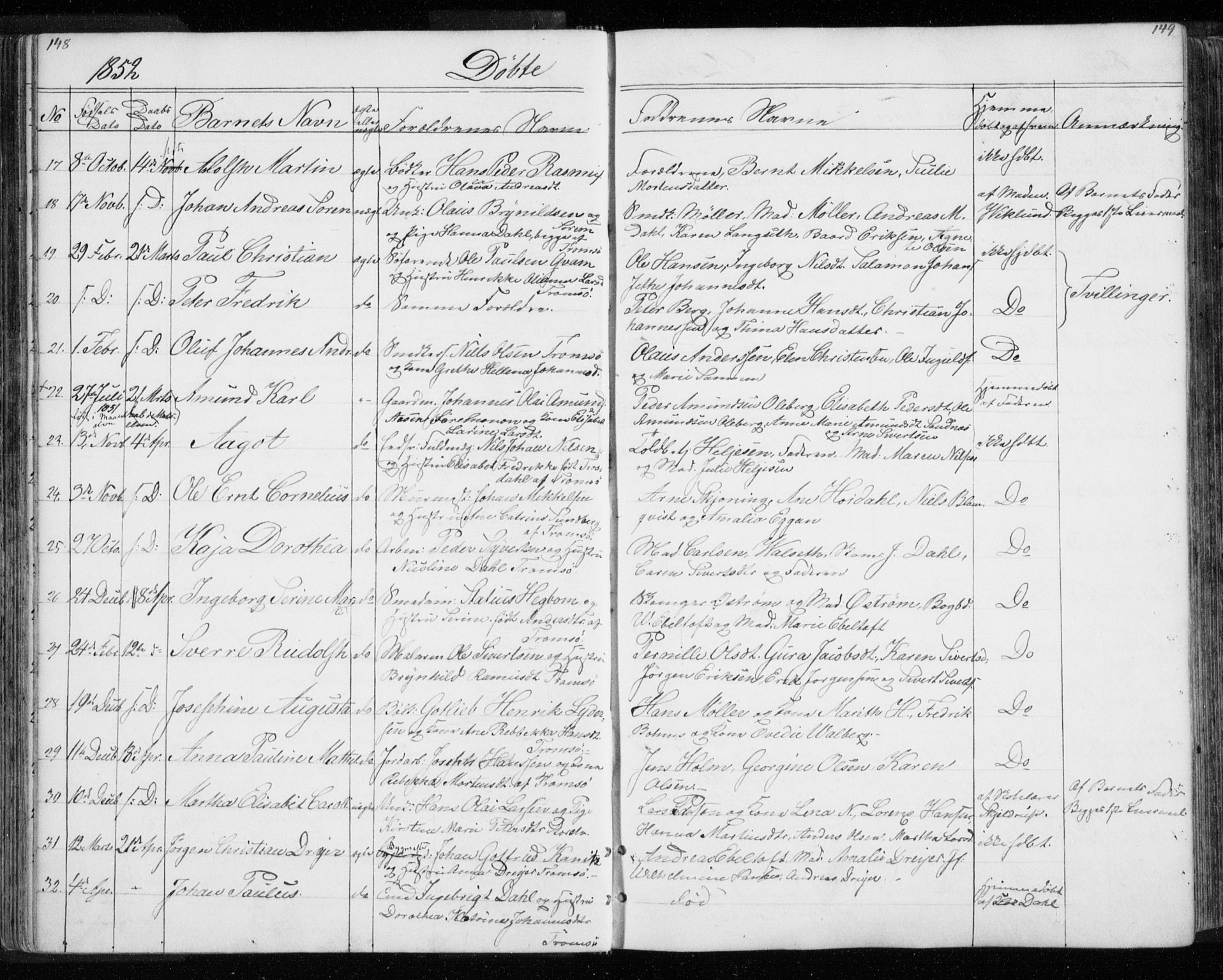 Tromsø sokneprestkontor/stiftsprosti/domprosti, SATØ/S-1343/G/Gb/L0005klokker: Parish register (copy) no. 5, 1846-1857, p. 148-149