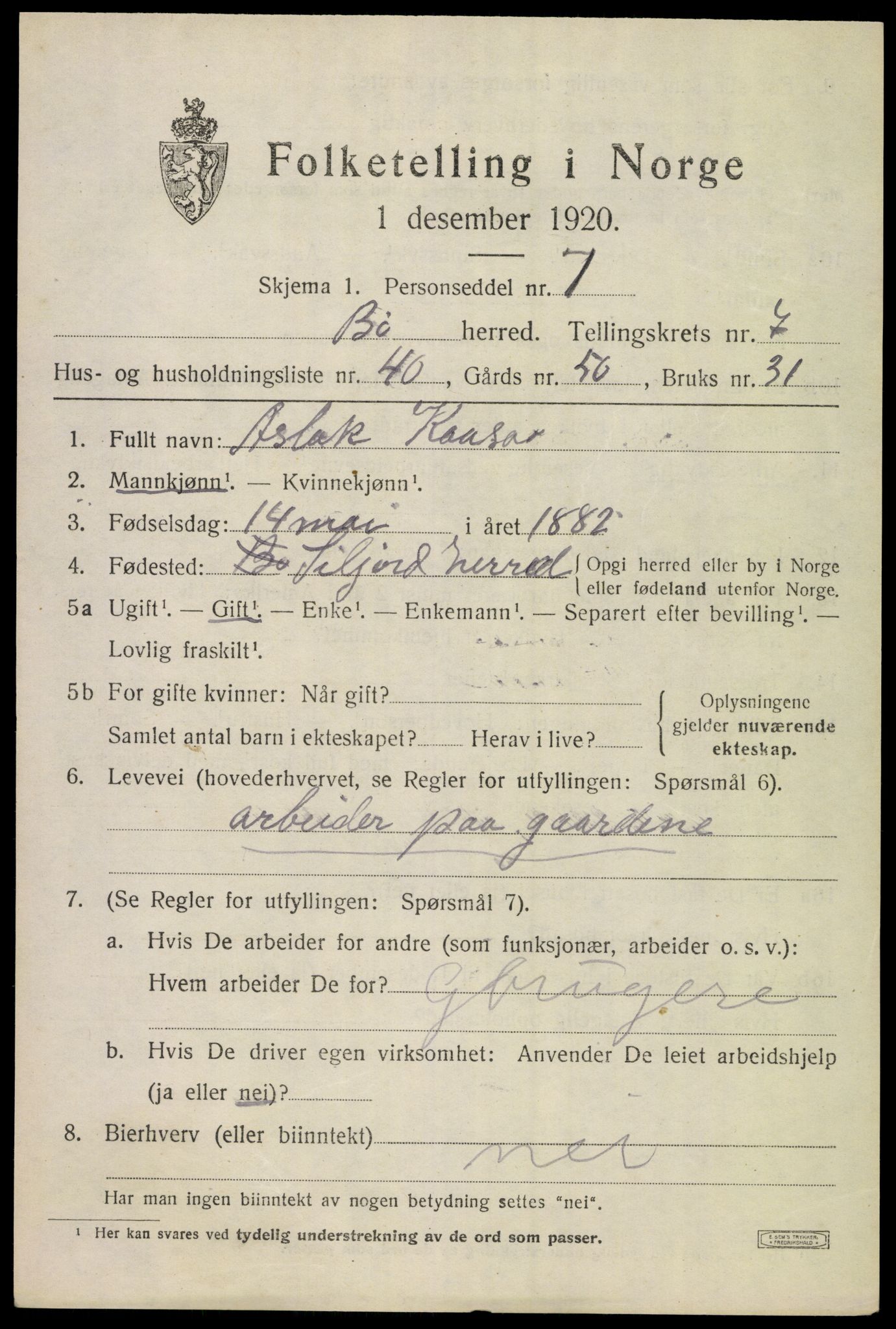 SAKO, 1920 census for Bø (Telemark), 1920, p. 5494