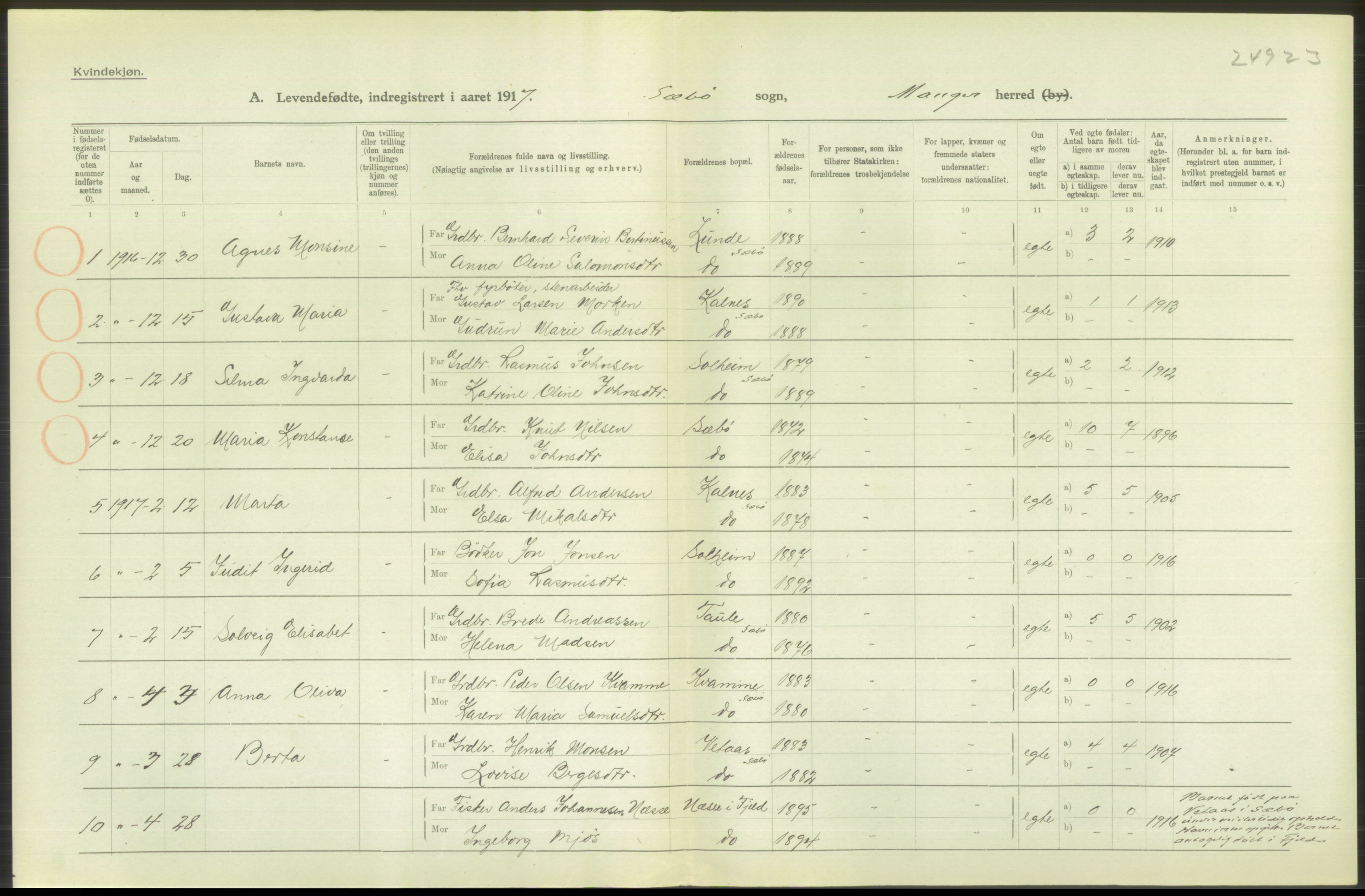 Statistisk sentralbyrå, Sosiodemografiske emner, Befolkning, RA/S-2228/D/Df/Dfb/Dfbg/L0034: S. Bergenhus amt: Levendefødte menn og kvinner. Bygder., 1917, p. 90