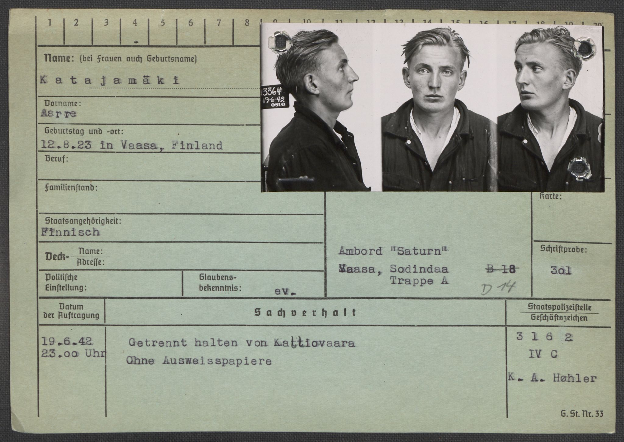 Befehlshaber der Sicherheitspolizei und des SD, AV/RA-RAFA-5969/E/Ea/Eaa/L0005: Register over norske fanger i Møllergata 19: Hø-Kj, 1940-1945, p. 1301