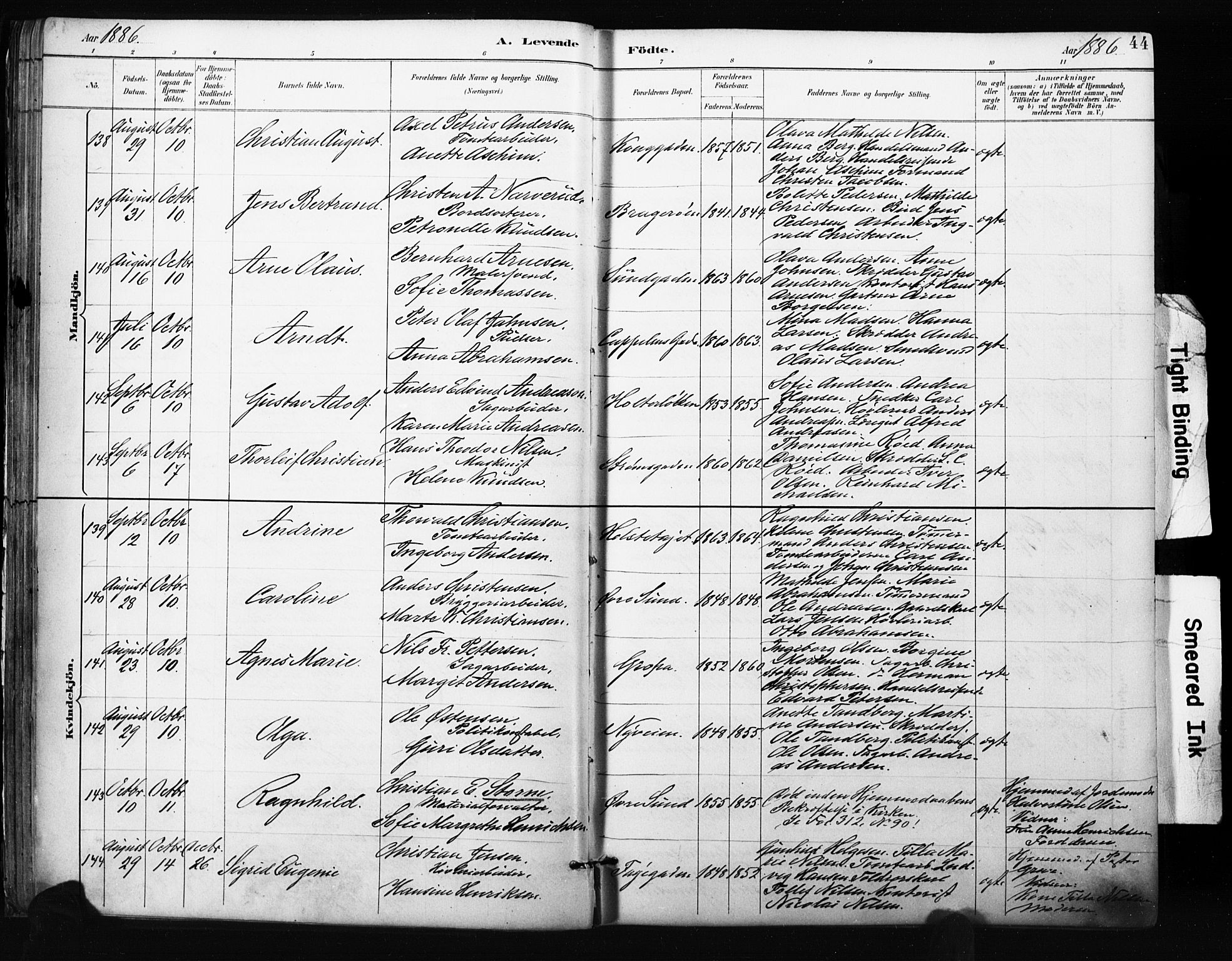 Bragernes kirkebøker, SAKO/A-6/F/Fb/L0007: Parish register (official) no. II 7, 1885-1893, p. 44