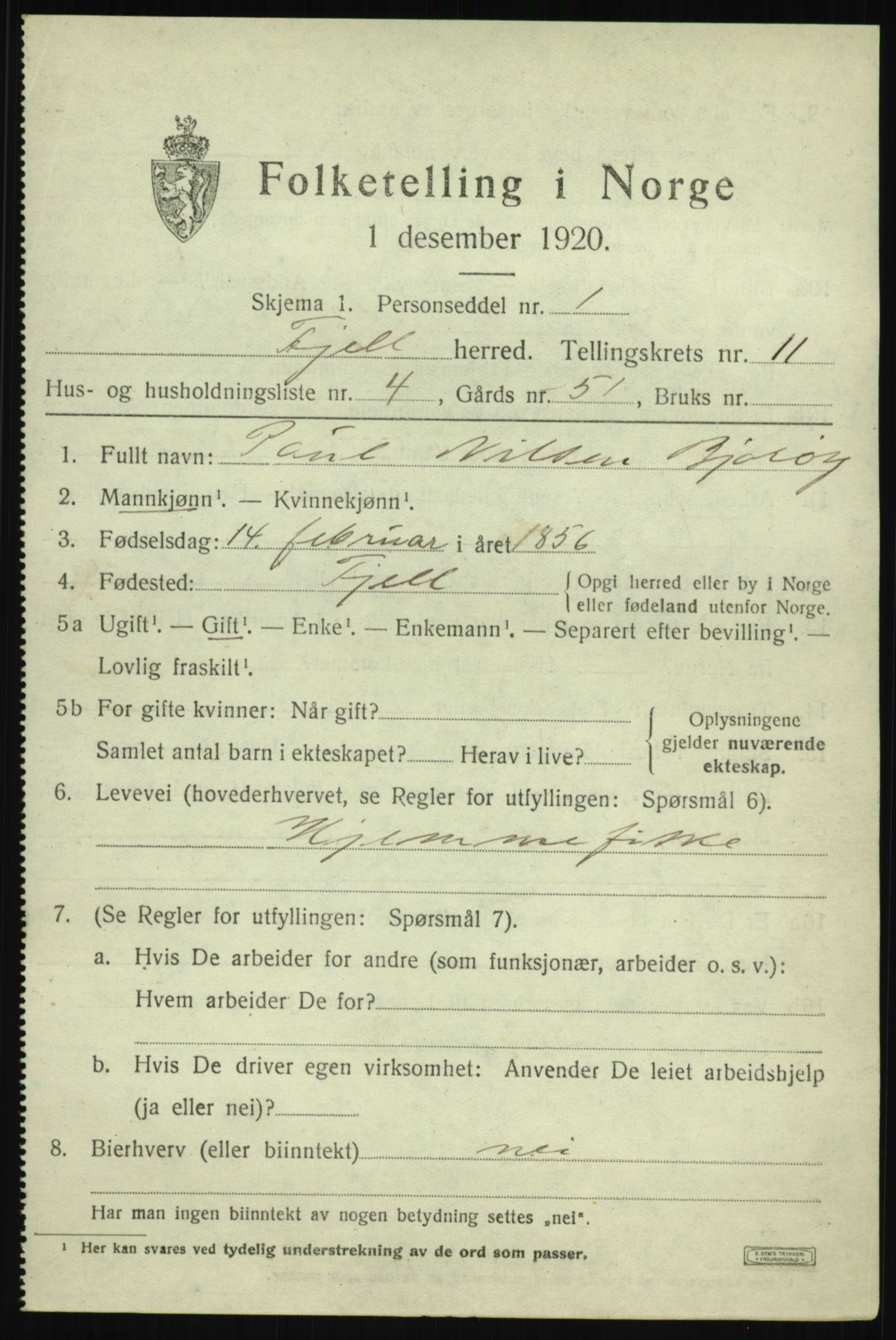 SAB, 1920 census for Fjell, 1920, p. 9894