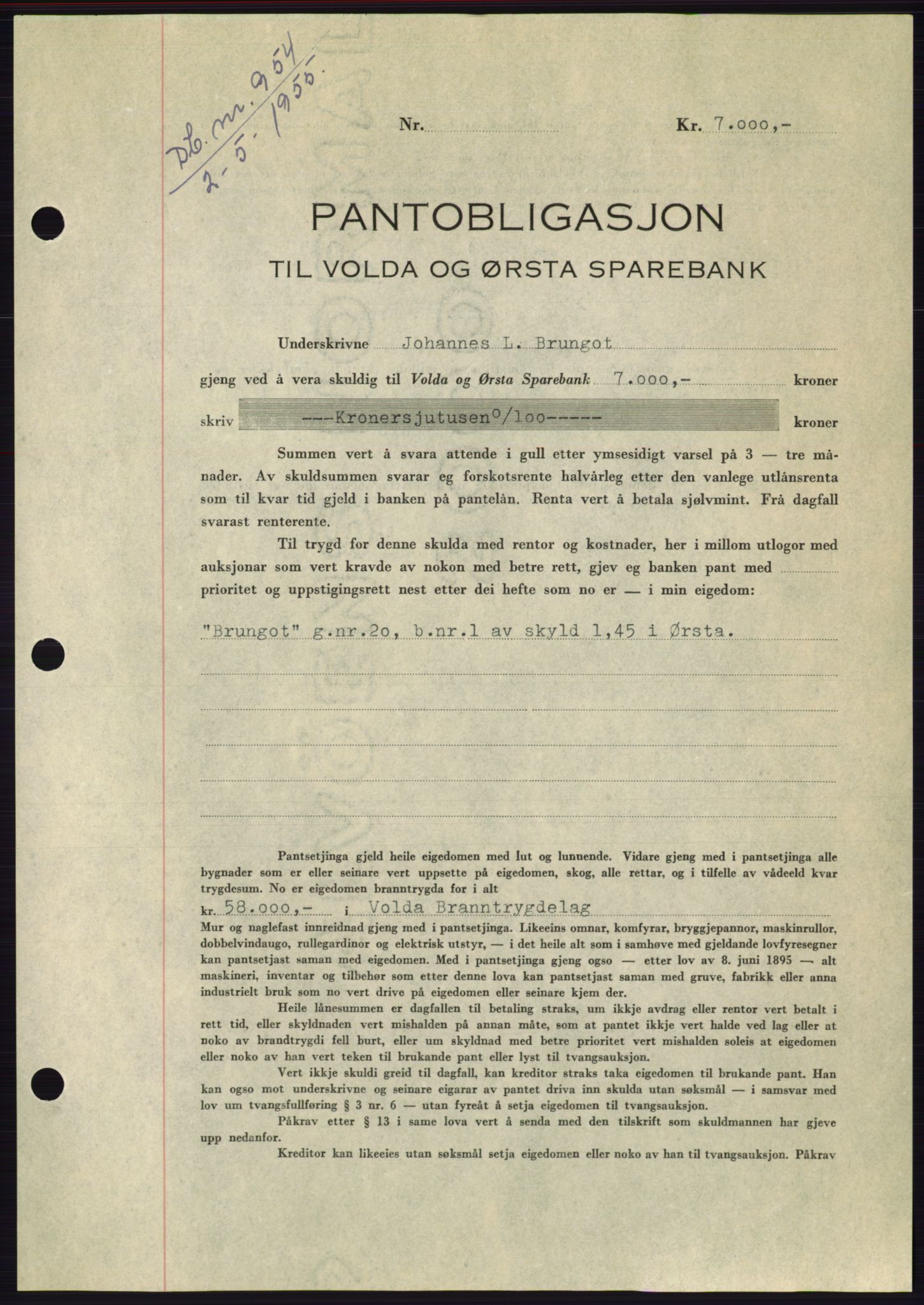 Søre Sunnmøre sorenskriveri, AV/SAT-A-4122/1/2/2C/L0126: Mortgage book no. 14B, 1954-1955, Diary no: : 954/1955