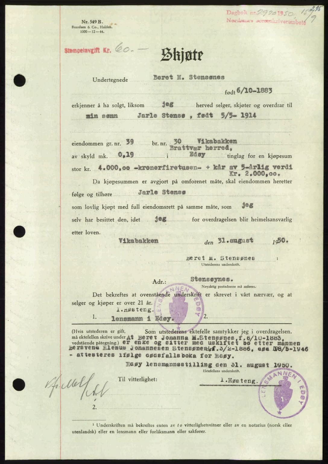 Nordmøre sorenskriveri, AV/SAT-A-4132/1/2/2Ca: Mortgage book no. A116, 1950-1950, Diary no: : 2920/1950