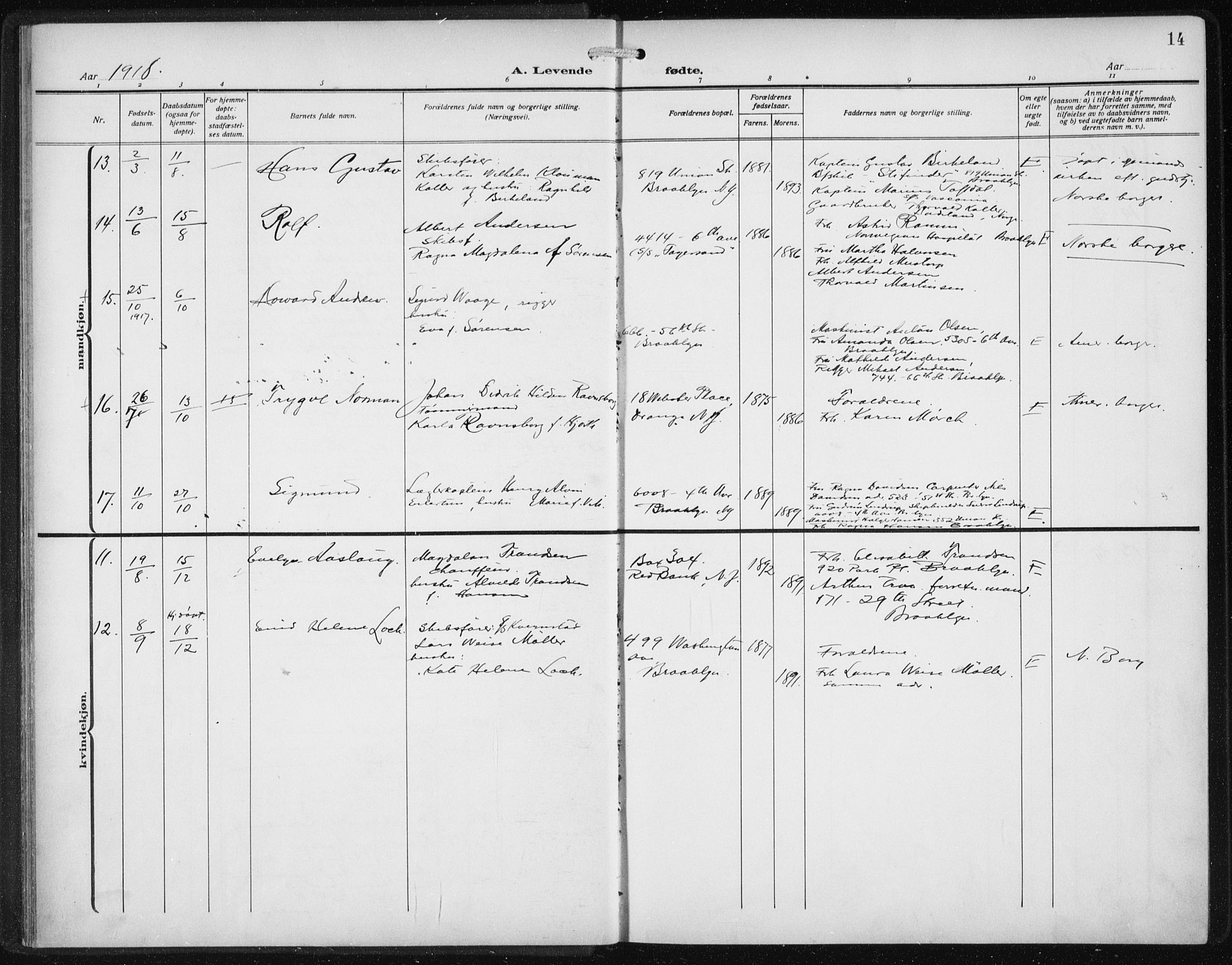 Den norske sjømannsmisjon i utlandet/New York, AV/SAB-SAB/PA-0110/H/Ha/L0007: Parish register (official) no. A 7, 1915-1923, p. 14