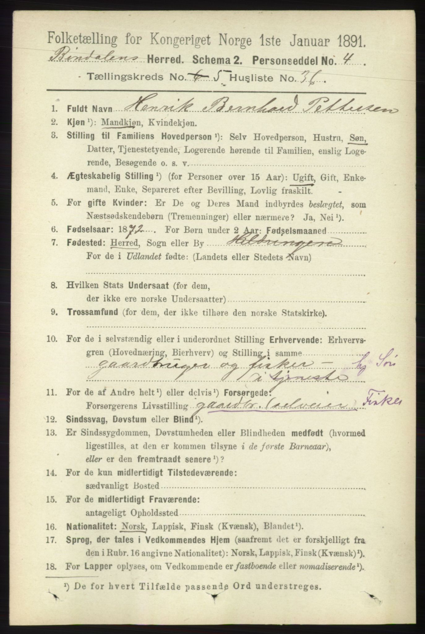 RA, 1891 census for 1811 Bindal, 1891, p. 1394