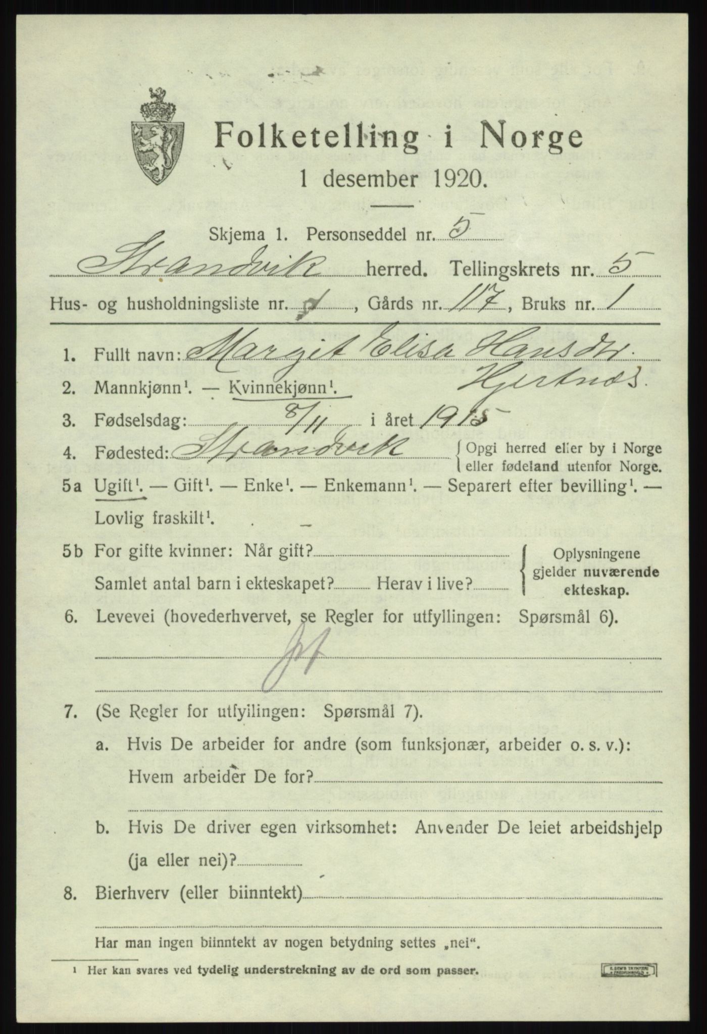 SAB, 1920 census for Strandvik, 1920, p. 3980