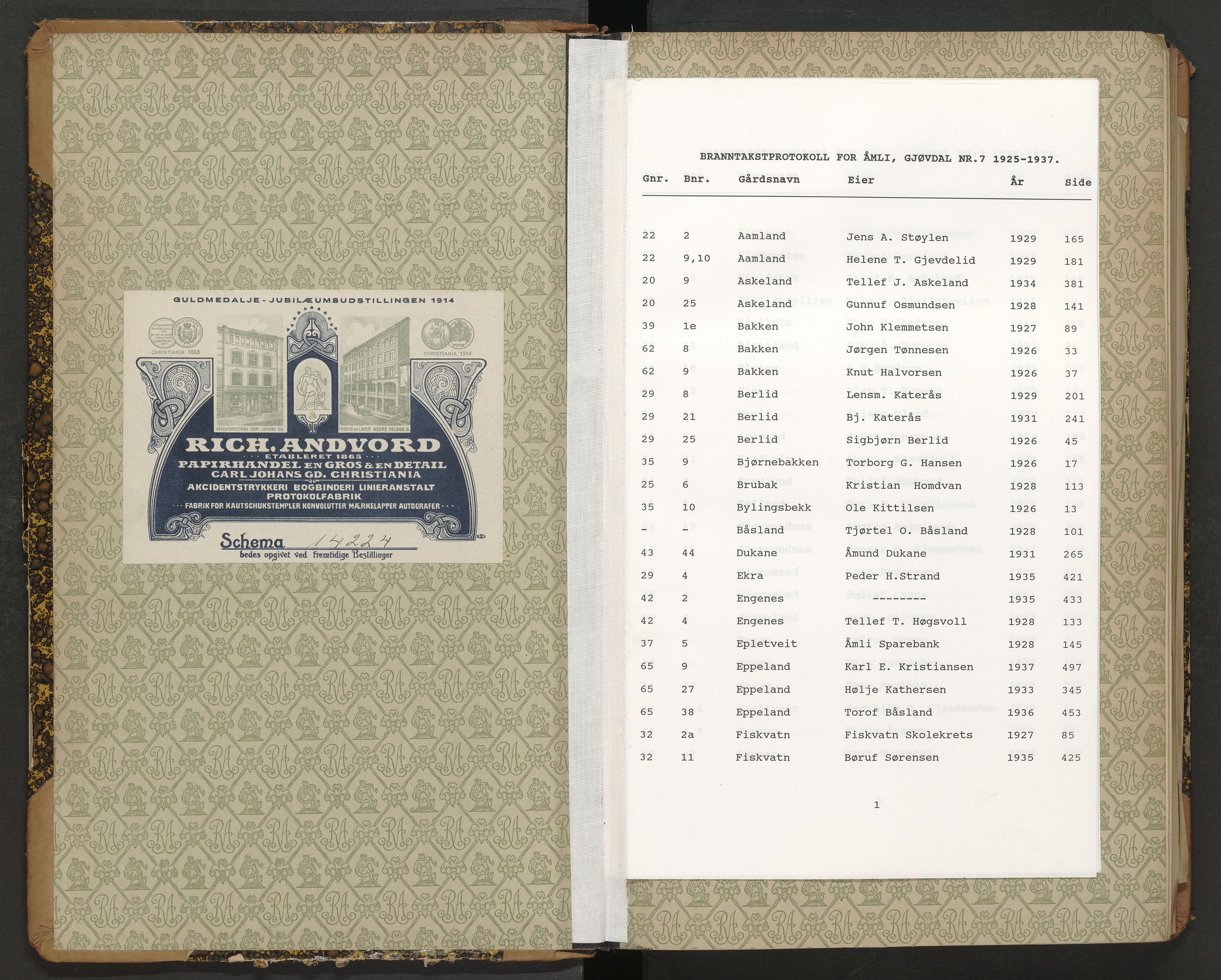 Norges Brannkasse Åmli og Gjøvdal, AV/SAK-2241-0061/F/Fa/L0007: Branntakstprotokoll nr. 7 med gårdsnavnregister, 1925-1937