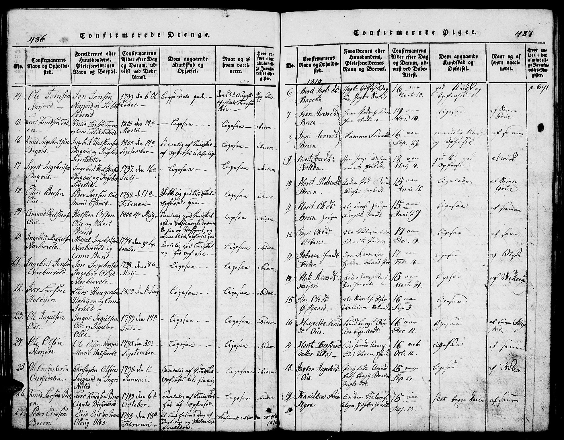 Tolga prestekontor, SAH/PREST-062/L/L0002: Parish register (copy) no. 2, 1815-1844, p. 486-487